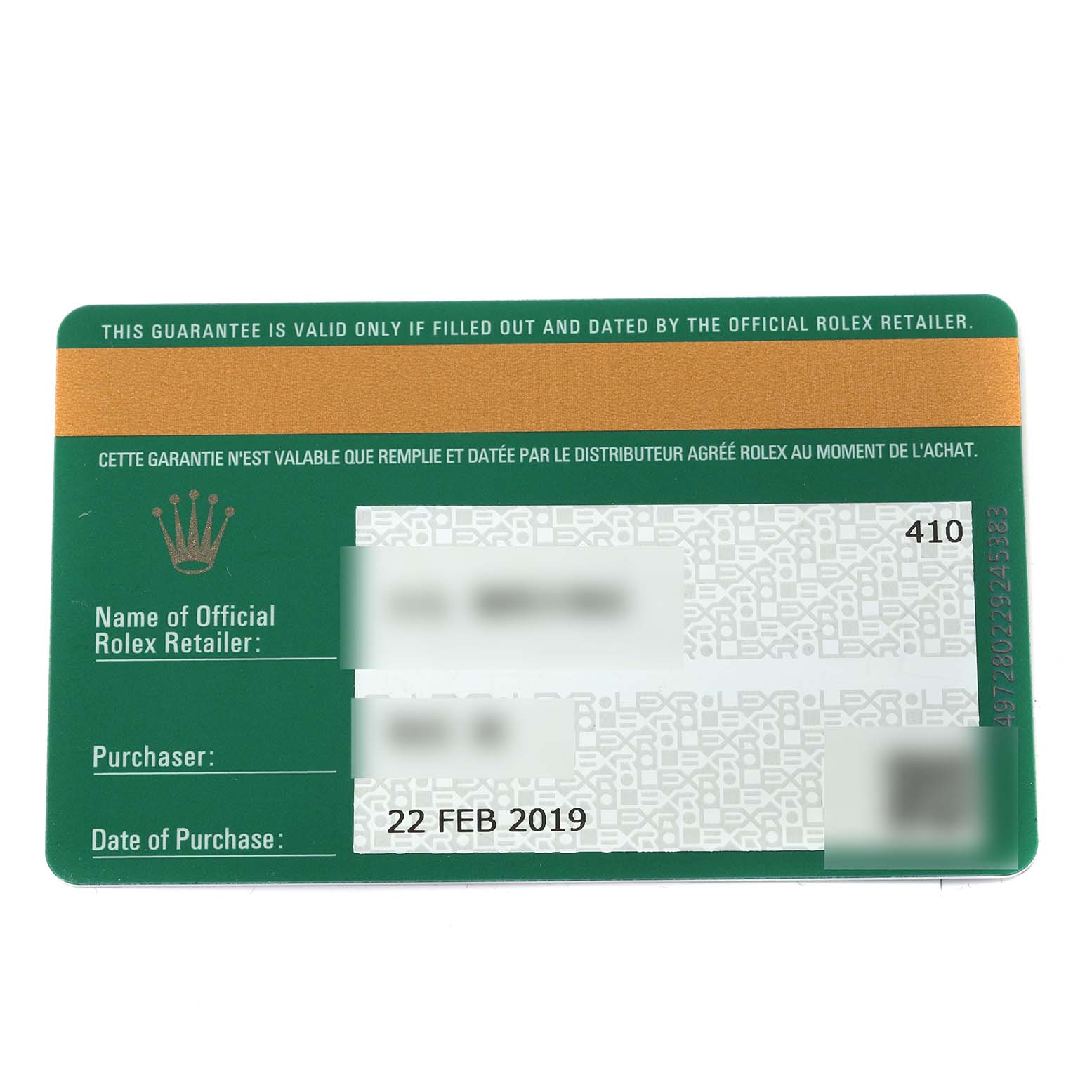 This image shows the warranty card for a Rolex Datejust 279174 Women's Stainless Steel Grey Dial 279174 Women's Stainless Steel Grey Dial model, including purchase and retailer details.