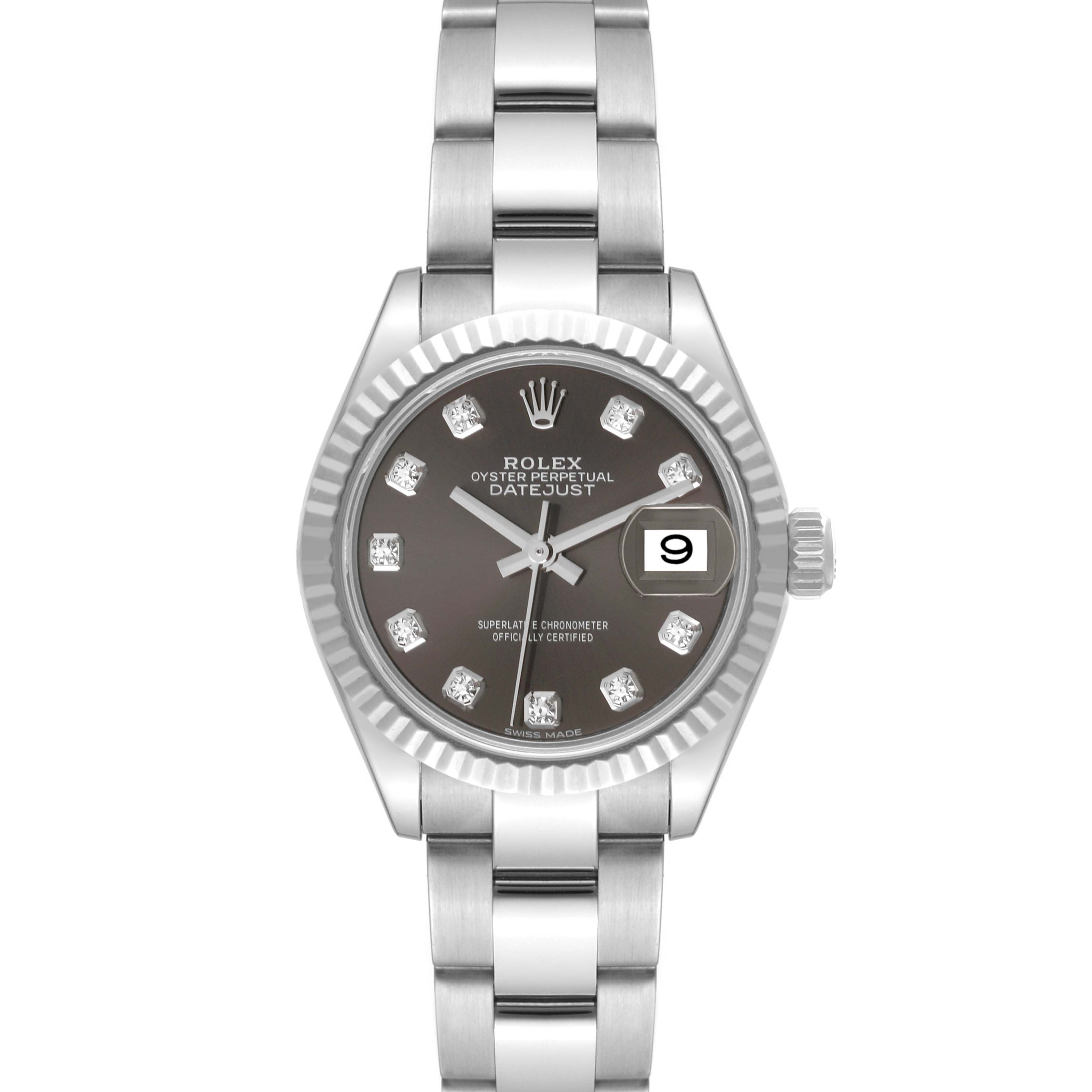 The image shows a front view of the Rolex Datejust 279174 Women's Stainless Steel Grey Dial 279174 Women's Stainless Steel Grey Dial watch, displaying its face, bezel, and part of the bracelet.