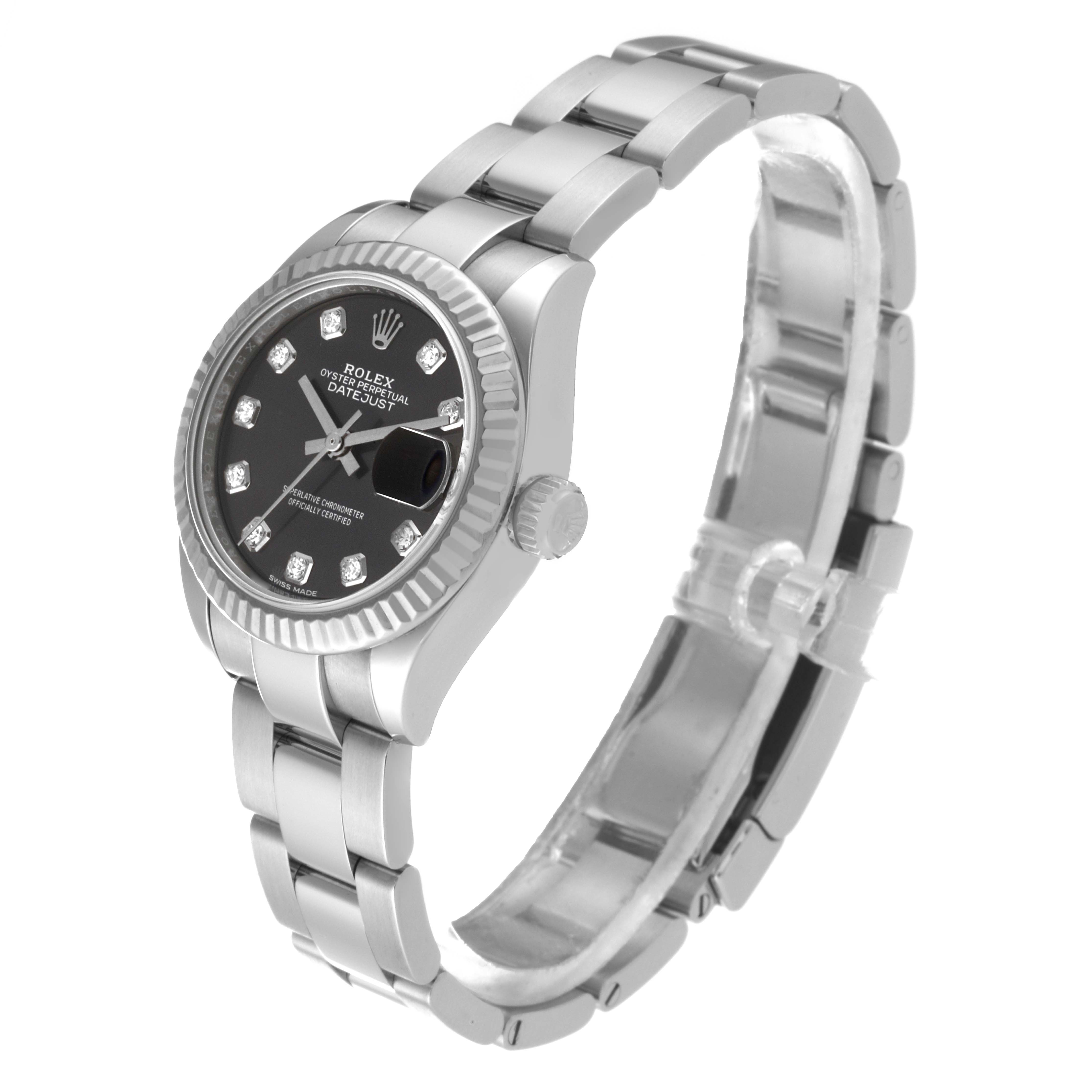 This image shows a Rolex Datejust 279174 Women's Stainless Steel Grey Dial 279174 Women's Stainless Steel Grey Dial watch at a slight angle highlighting its dial, bezel, bracelet, and crown.