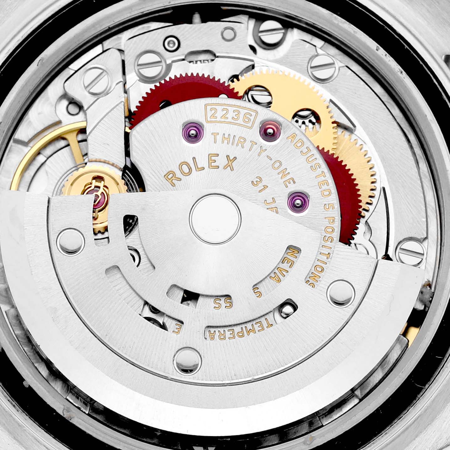 This image shows a close-up view of the intricate inner movement mechanism of a Rolex Datejust 279174 Women's Stainless Steel Grey Dial 279174 Women's Stainless Steel Grey Dial watch.
