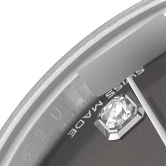 This is a close-up image of the dial on a Rolex Datejust 279174 Women's Stainless Steel Grey Dial 279174 Women's Stainless Steel Grey Dial watch, showing the "SWISS MADE" label and part of the hour marker.