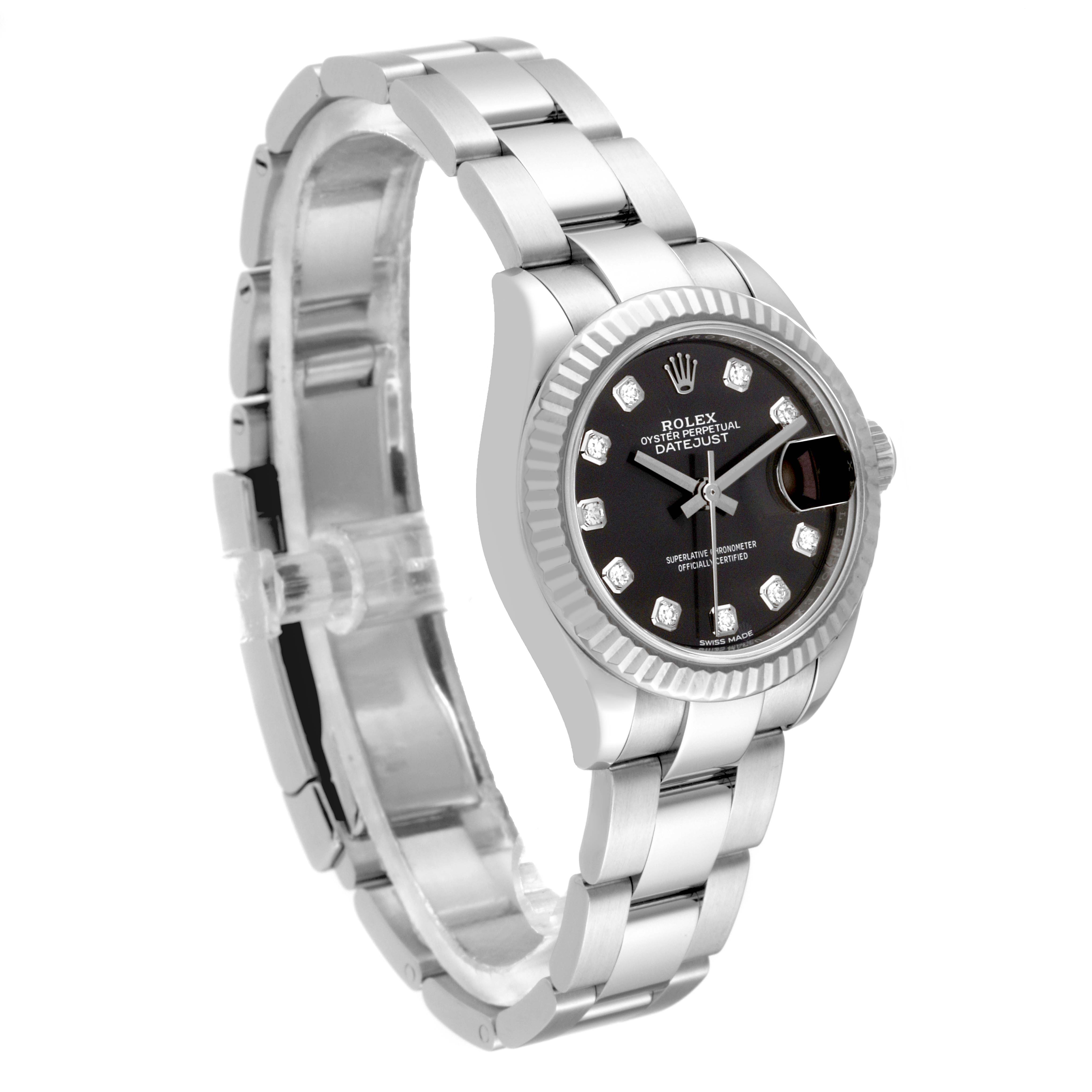 The Rolex Datejust 279174 Women's Stainless Steel Grey Dial 279174 Women's Stainless Steel Grey Dial watch is shown at an angle highlighting its face, bezel, bracelet, and crown.