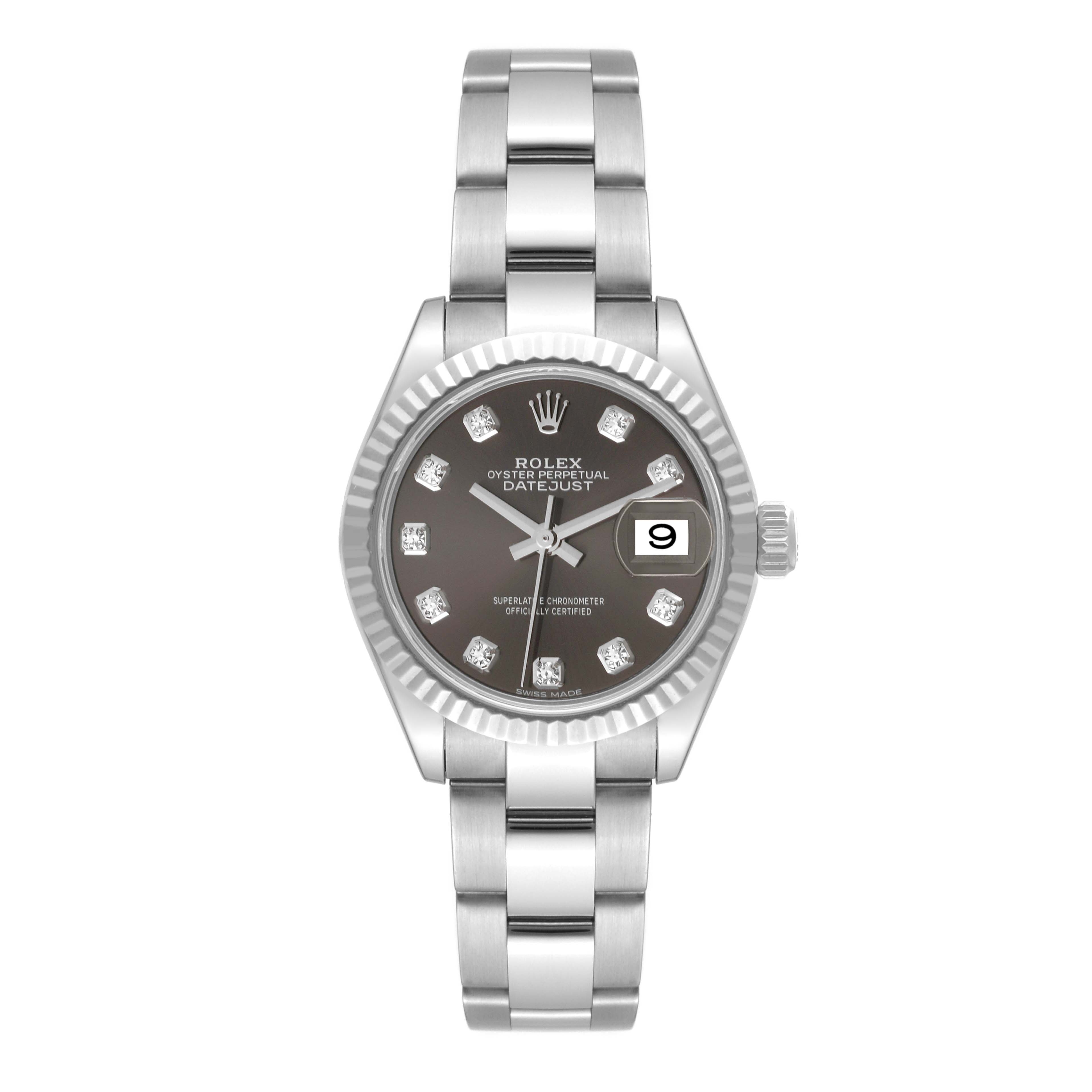 This image shows a front view of a Rolex Datejust 279174 Women's Stainless Steel Grey Dial 279174 Women's Stainless Steel Grey Dial watch, featuring its bracelet, bezel, dial, and date window.