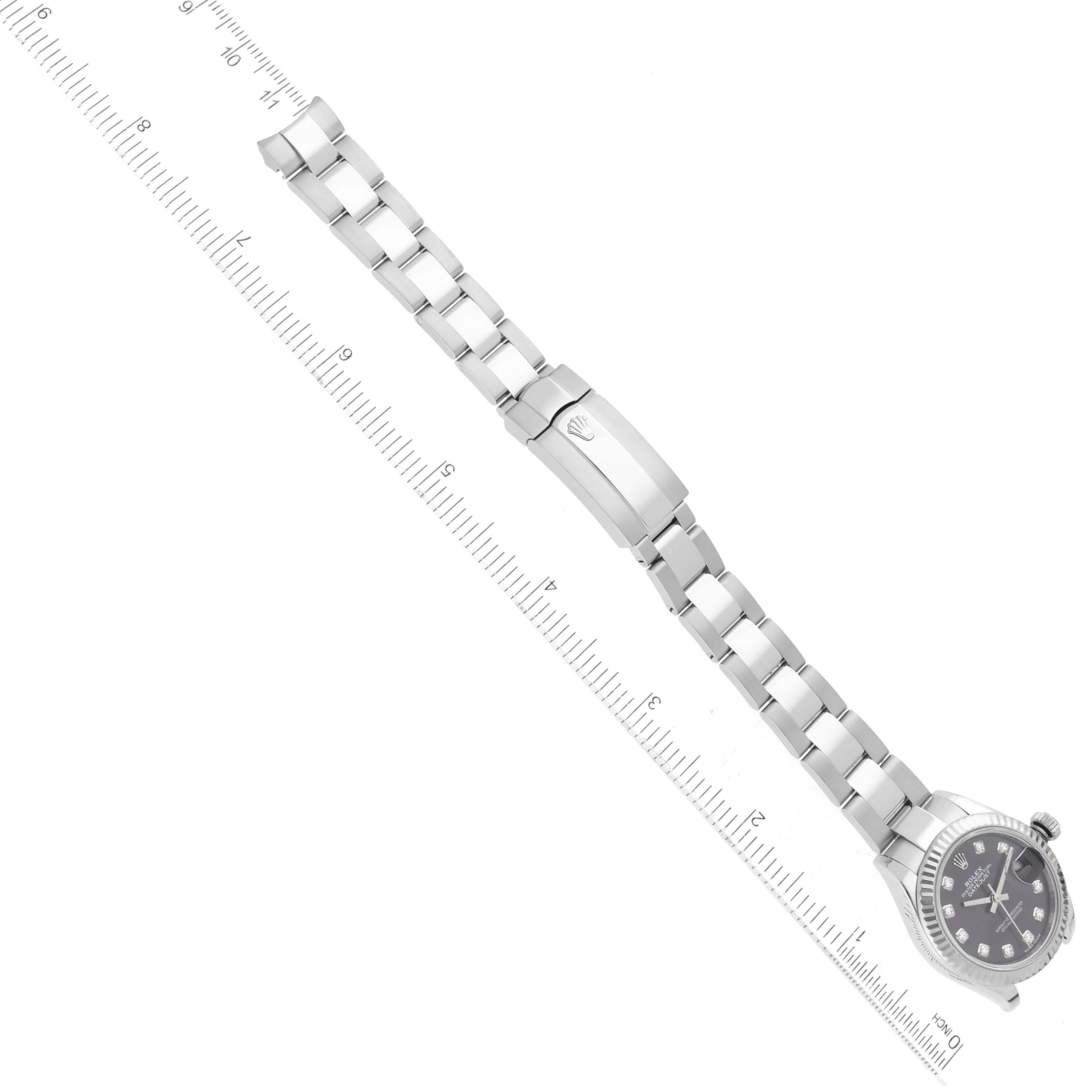 The image shows the Rolex Datejust 279174 Women's Stainless Steel Grey Dial 279174 Women's Stainless Steel Grey Dial watch laid flat, showcasing its dial, case, bracelet, and folding clasp from a top-down angle.