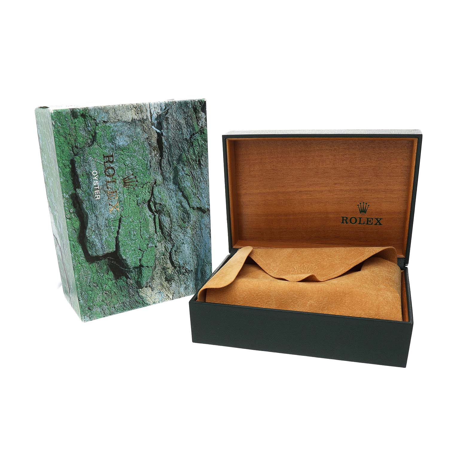 The image shows an open Rolex Datejust 16233 Men's Stainless Steel Champagne Dial box and outer packaging with the Rolex logo visible.