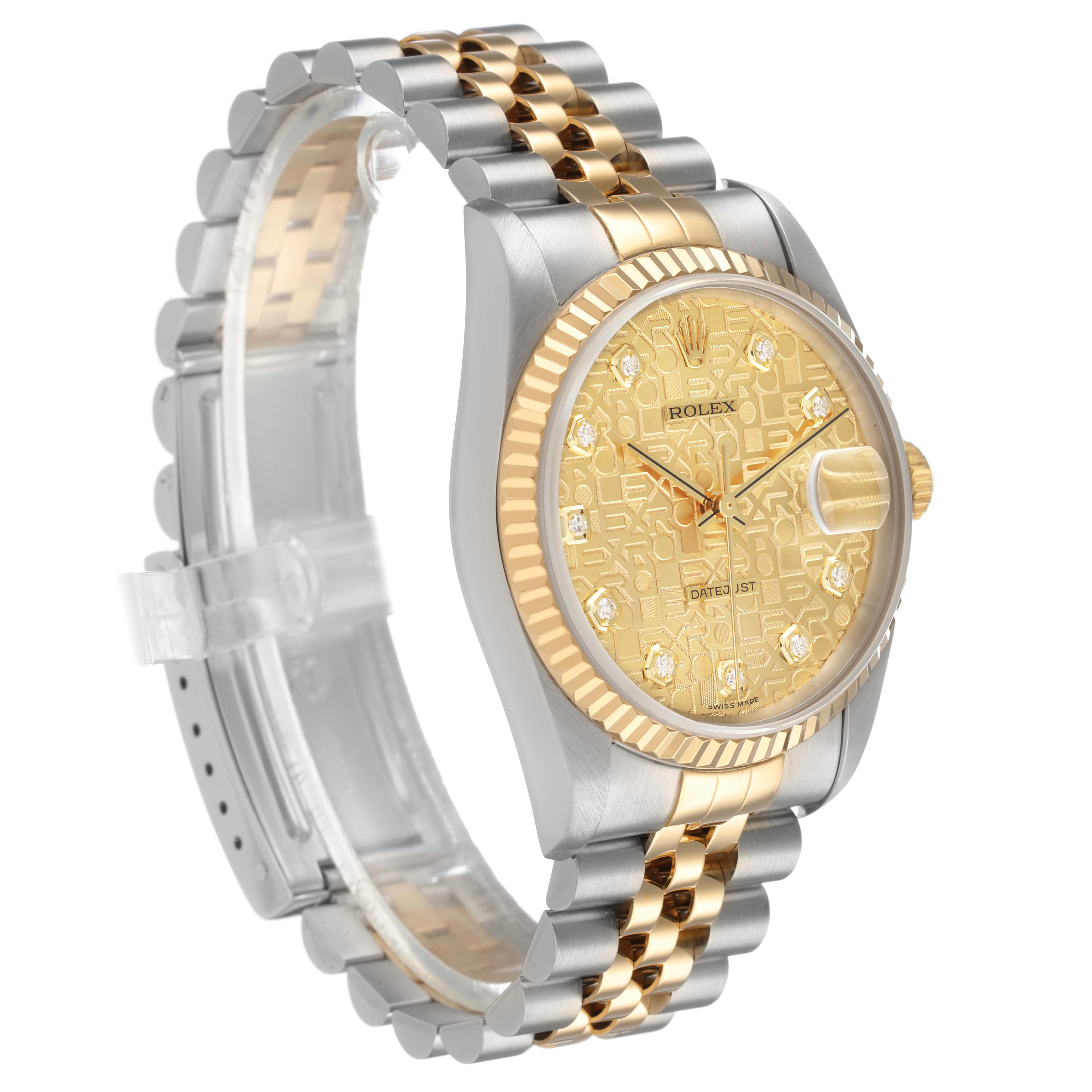 The Rolex Datejust 16233 Men's Stainless Steel Champagne Dial watch is shown at a three-quarter angle, highlighting its bezel, dial, and Jubilee bracelet.