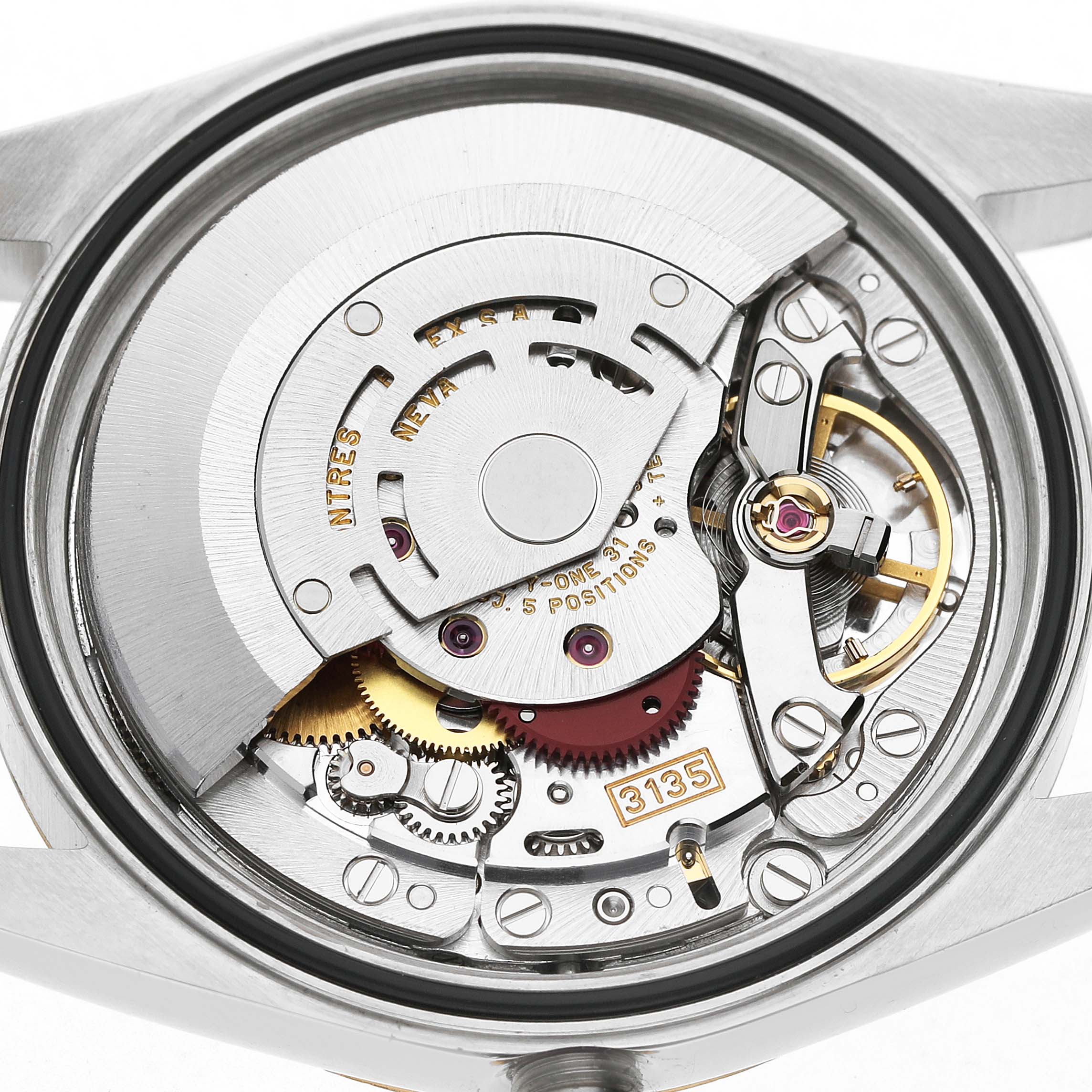 The image shows the movement of a Rolex Datejust 16233 Men's Stainless Steel Champagne Dial watch from a top-down angle, displaying its intricate internal mechanisms.