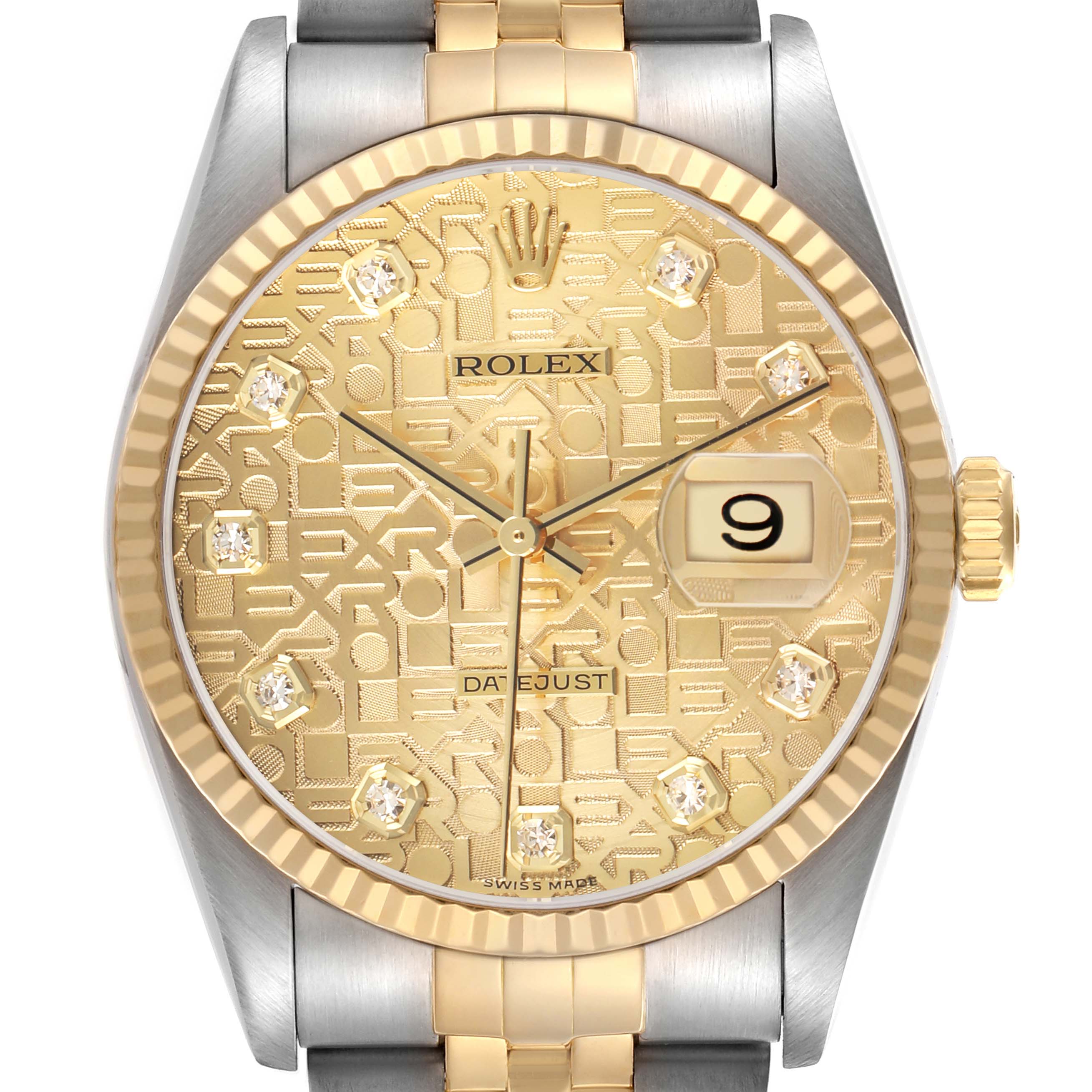 The Rolex Datejust 16233 Men's Stainless Steel Champagne Dial watch is shown front-facing, featuring a patterned gold dial, diamond hour markers, and a date window.