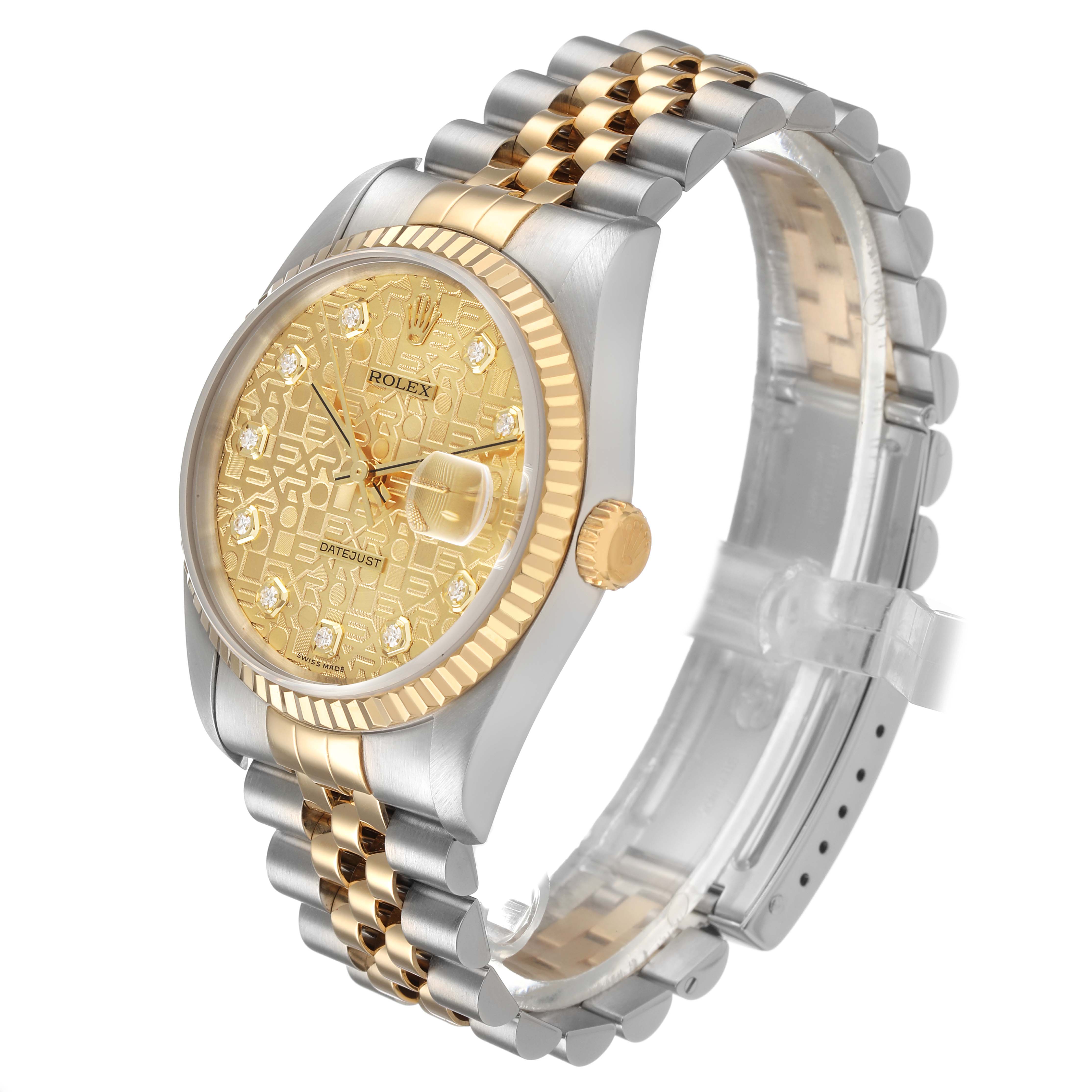 The Rolex Datejust 16233 Men's Stainless Steel Champagne Dial watch is shown from a front angle, displaying the dial, bezel, crown, and two-tone jubilee bracelet.