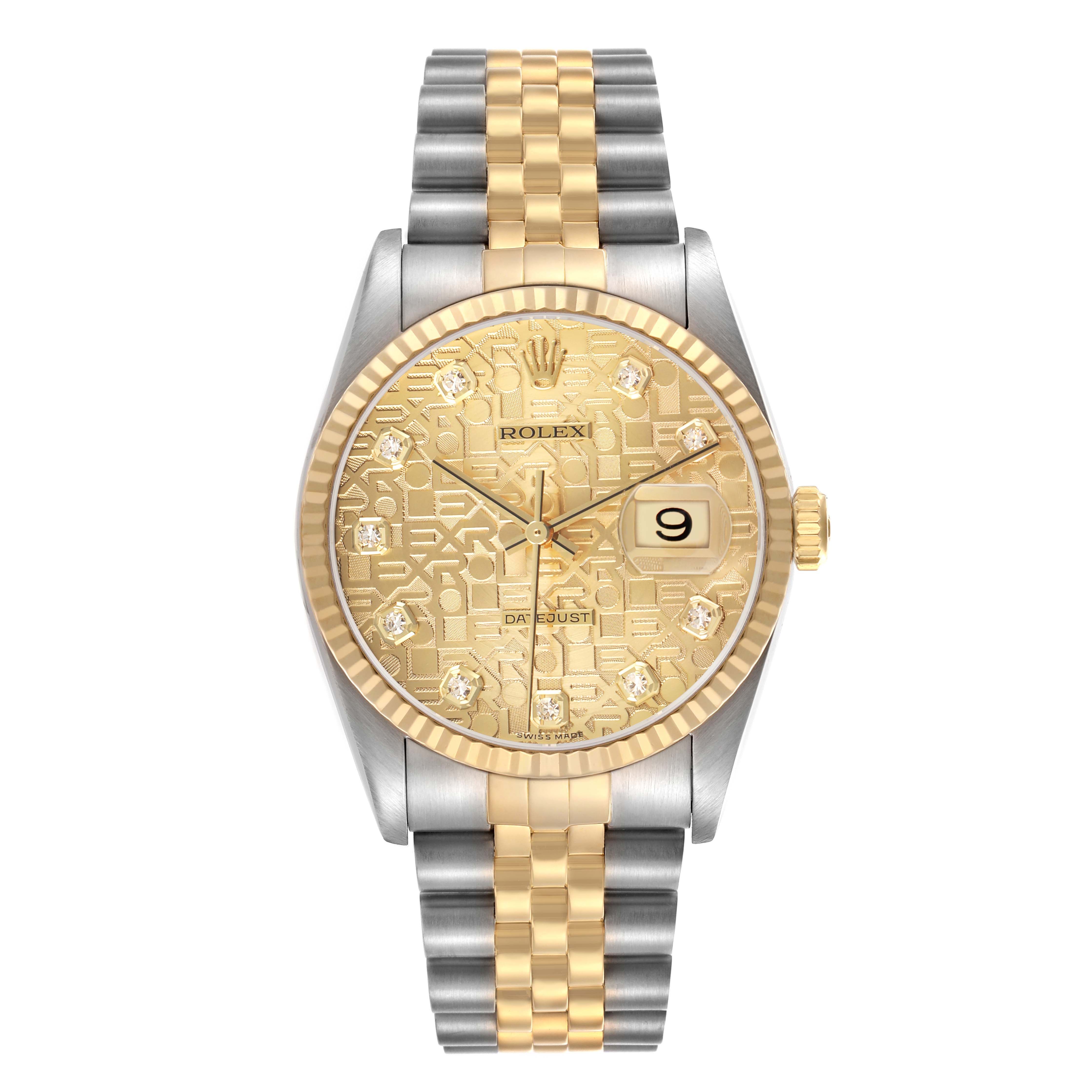 The Rolex Datejust 16233 Men's Stainless Steel Champagne Dial watch is shown from the front, featuring the gold dial, bezel, Jubilee bracelet, and date window.