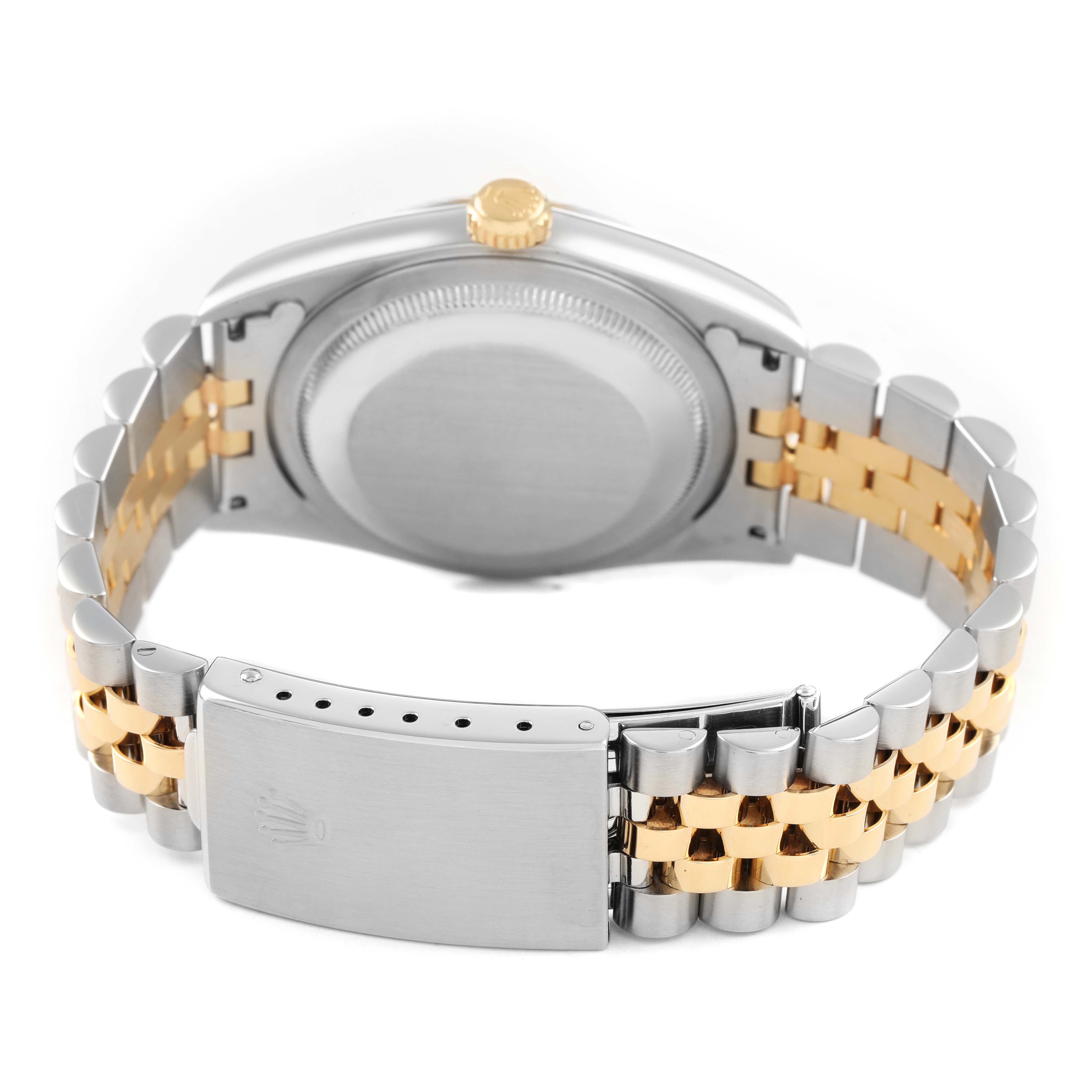 The image shows the back view of a Rolex Datejust 16233 Men's Stainless Steel Champagne Dial watch, highlighting its bracelet, clasp, and case back.