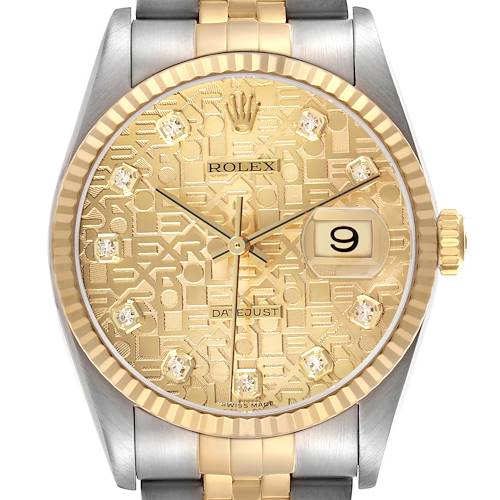 The Rolex Datejust 16233 Men's Stainless Steel Champagne Dial watch is shown from the front, highlighting its gold dial, diamond hour markers, and date window.