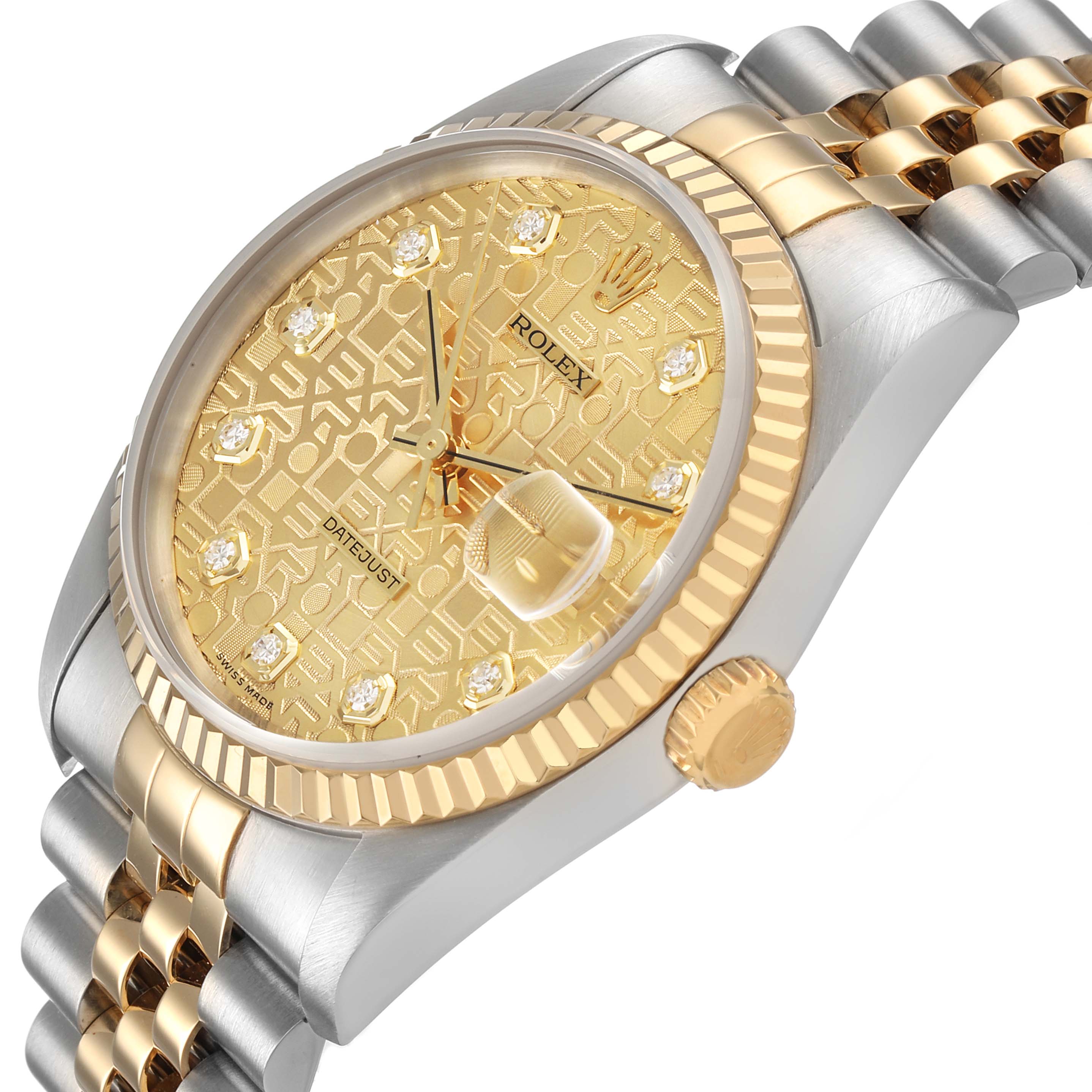 The Rolex Datejust 16233 Men's Stainless Steel Champagne Dial watch is shown at an angled side view, highlighting the gold dial, fluted bezel, and bracelet links.
