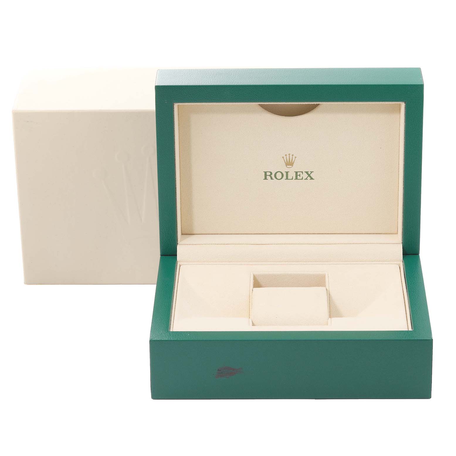 This is an open green Rolex Datejust 126231 Men's Steel and Gold (two tone) Grey Dial 126231 Men's Steel and Gold (two tone) Grey Dial watch box with an empty interior and a cream-colored lining.