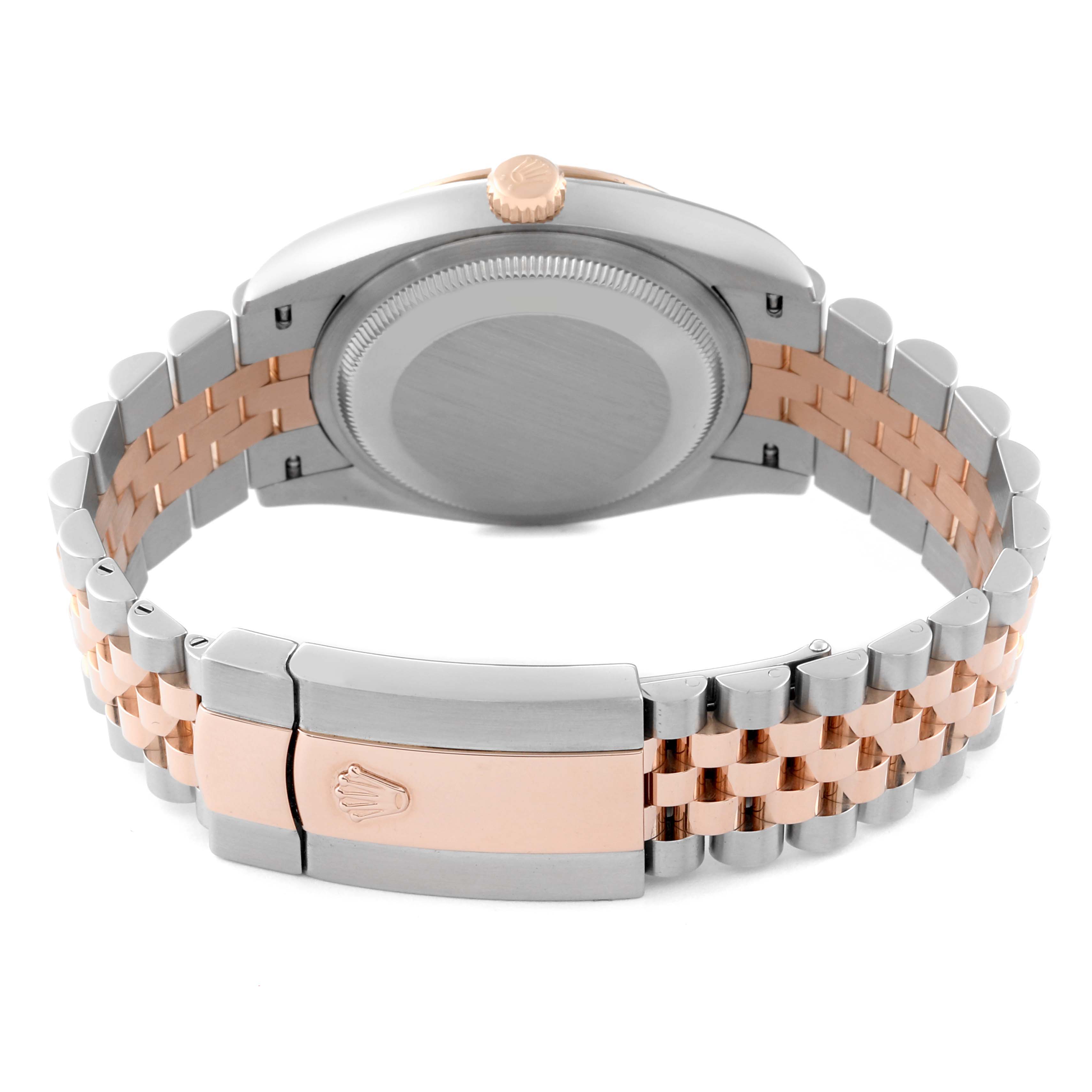 This image shows the back case and bracelet of a Rolex Datejust 126231 Men's Steel and Gold (two tone) Grey Dial 126231 Men's Steel and Gold (two tone) Grey Dial watch, highlighting the two-tone metal design and the clasp.