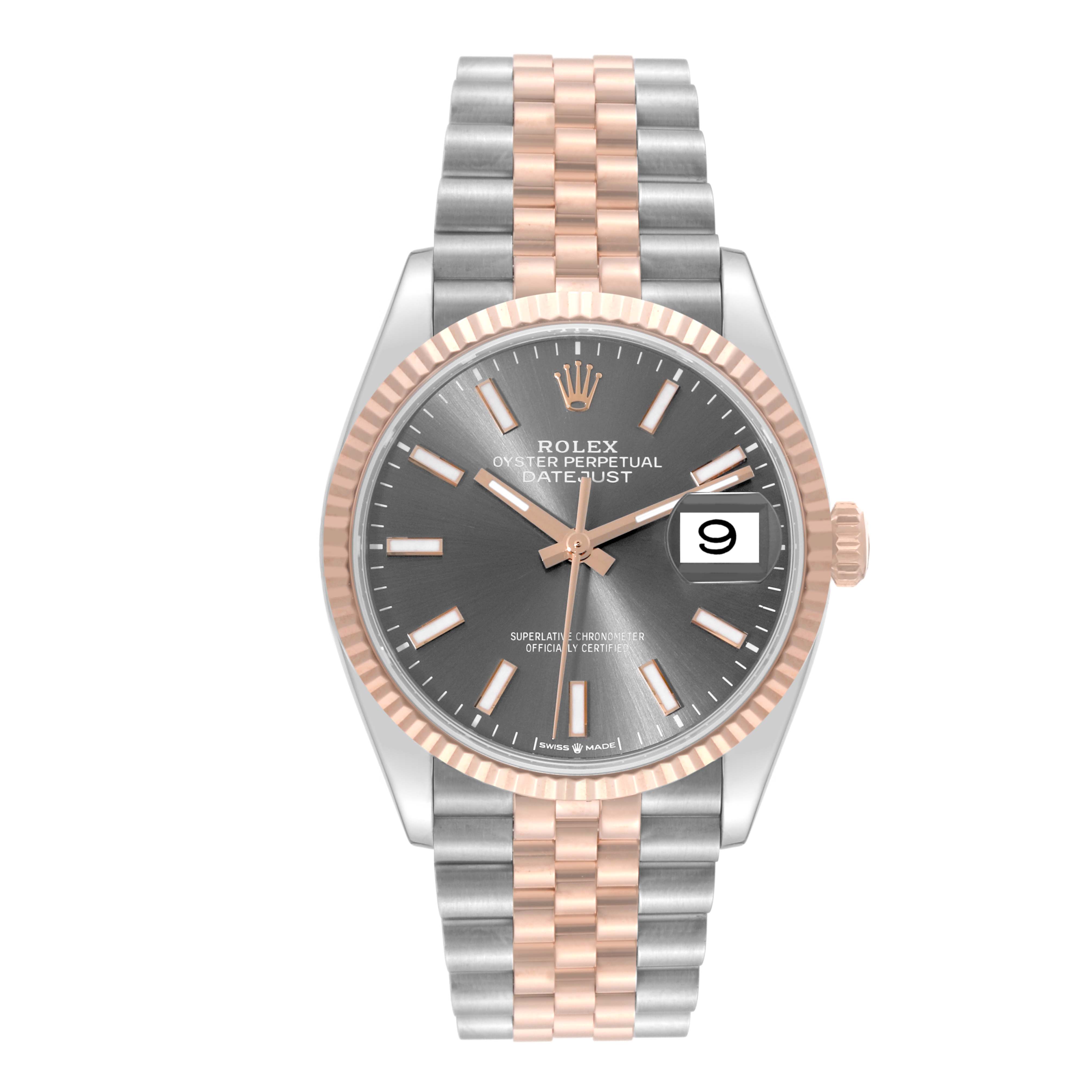 The image shows a Rolex Datejust 126231 Men's Steel and Gold (two tone) Grey Dial 126231 Men's Steel and Gold (two tone) Grey Dial watch from a front angle, highlighting the face, bezel, and bracelet.