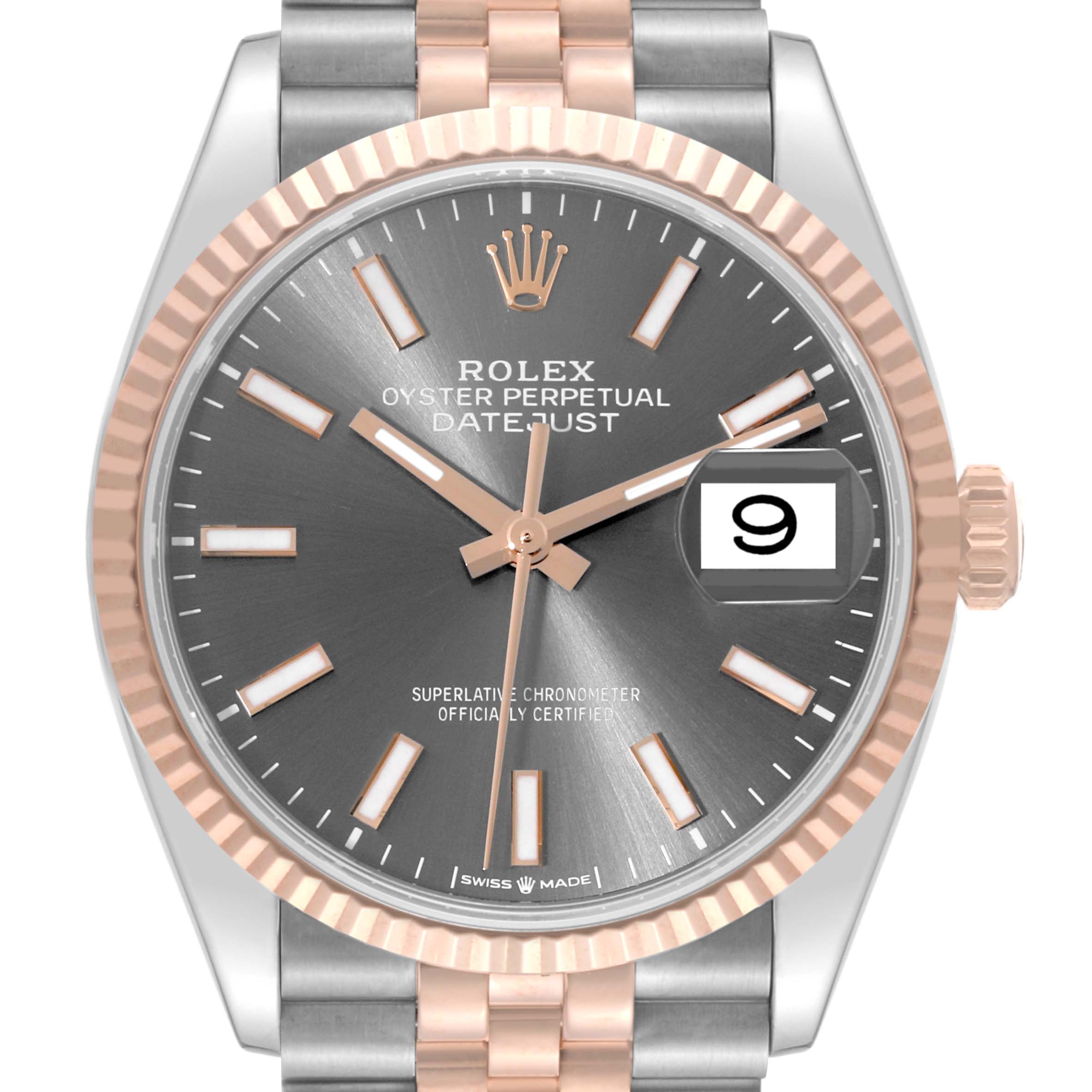 The image shows a close-up of the Rolex Datejust 126231 Men's Steel and Gold (two tone) Grey Dial 126231 Men's Steel and Gold (two tone) Grey Dial watch's face, bezel, crown, and part of the bracelet.