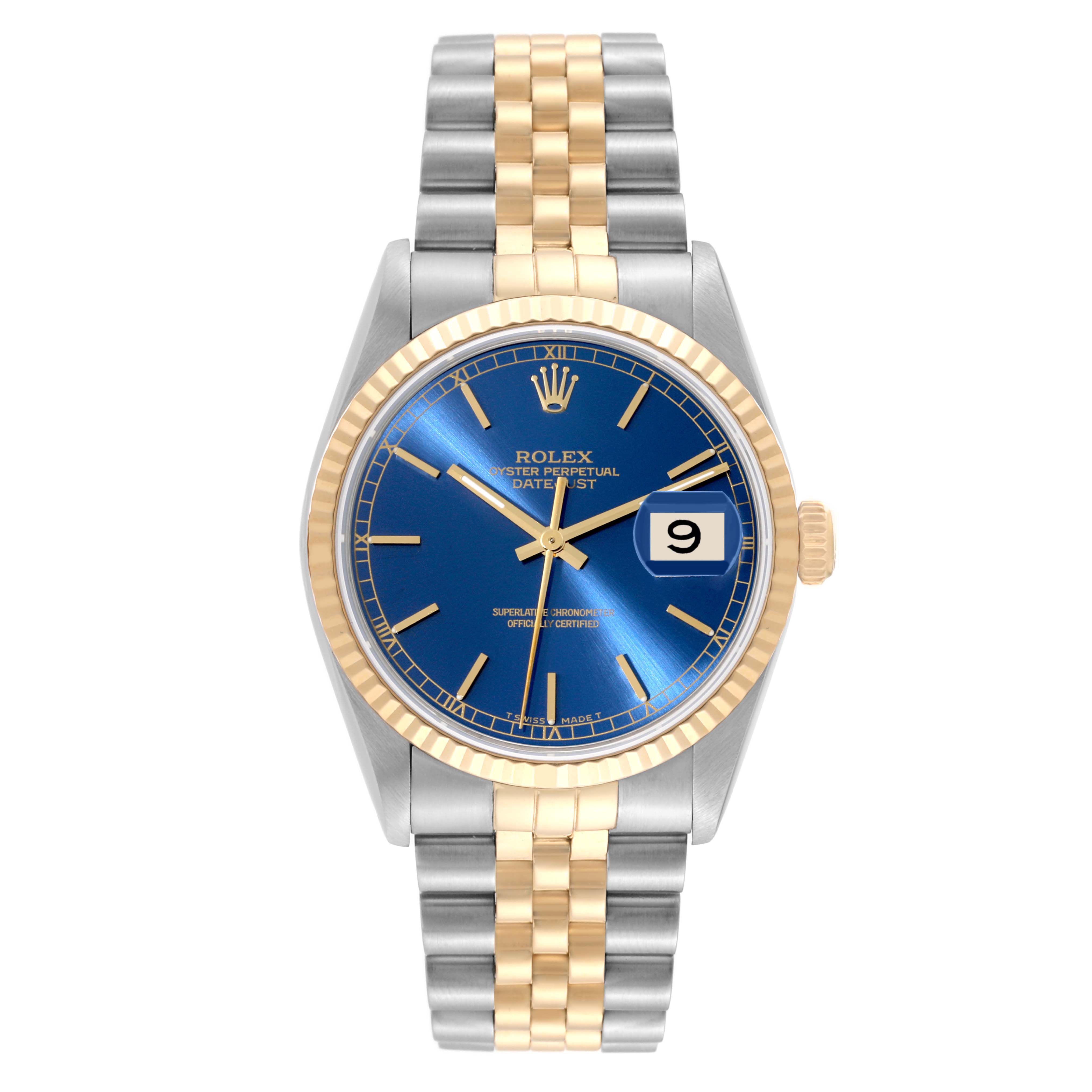 The Rolex Datejust 16233 Men's Steel and Gold (two tone) Blue Dial 16233 Men's Steel and Gold (two tone) Blue Dial watch is shown from a front-facing angle, displaying the blue dial, gold bezel, and two-tone bracelet.
