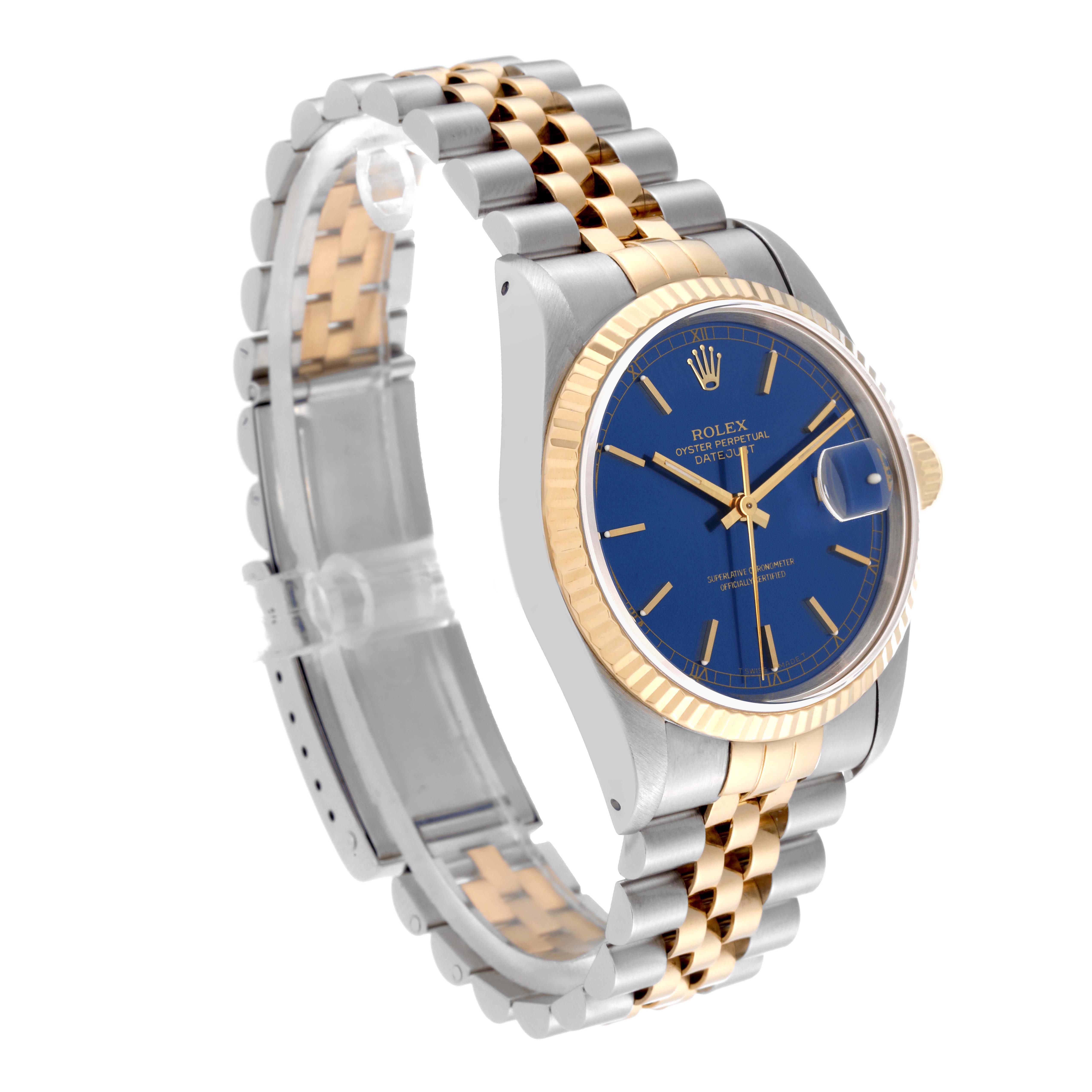 The image shows a Rolex Datejust 16233 Men's Steel and Gold (two tone) Blue Dial 16233 Men's Steel and Gold (two tone) Blue Dial watch at a three-quarter angle, highlighting the two-tone bracelet and blue dial.