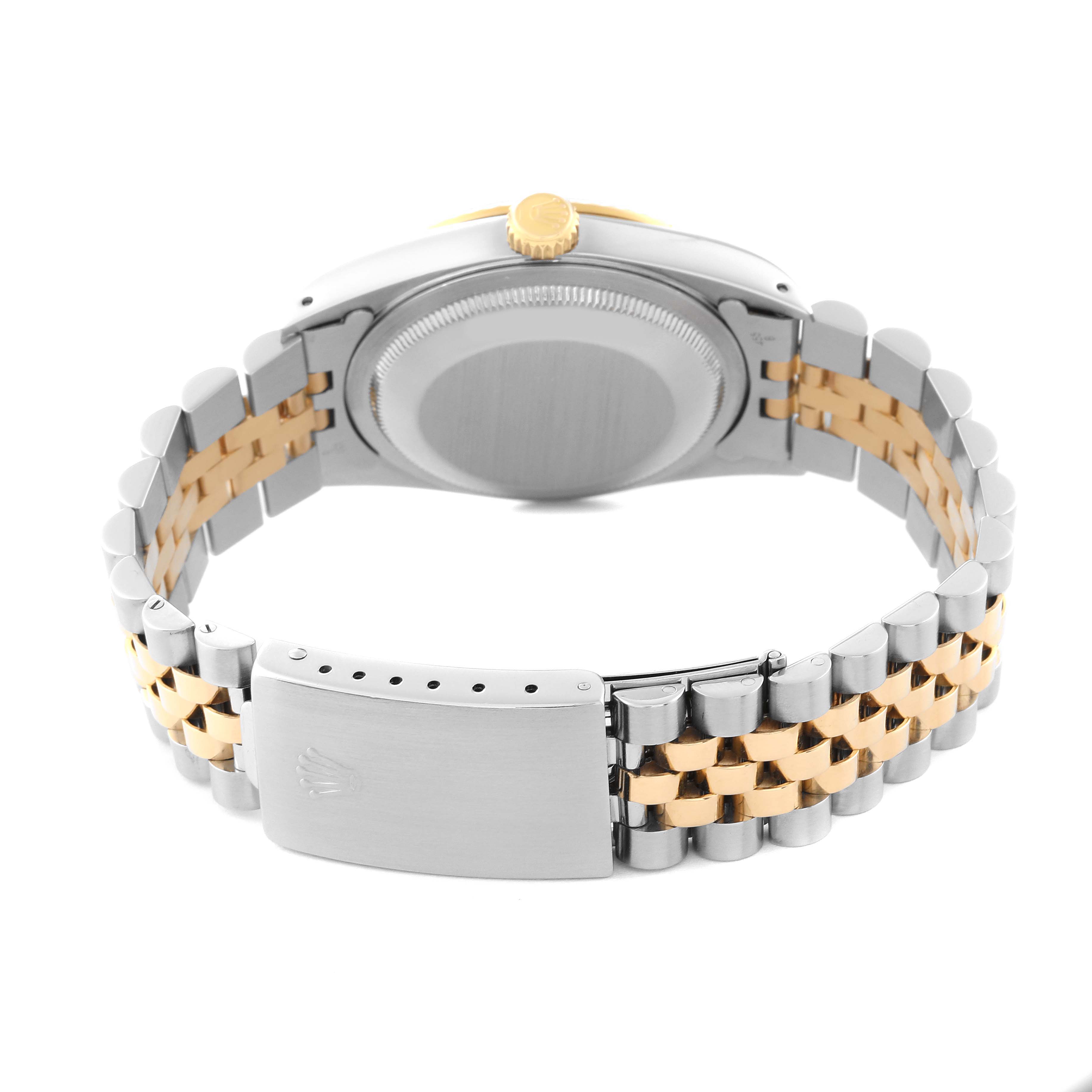 This image shows the back view of a Rolex Datejust 16233 Men's Steel and Gold (two tone) Blue Dial 16233 Men's Steel and Gold (two tone) Blue Dial watch, highlighting its bracelet and clasp.