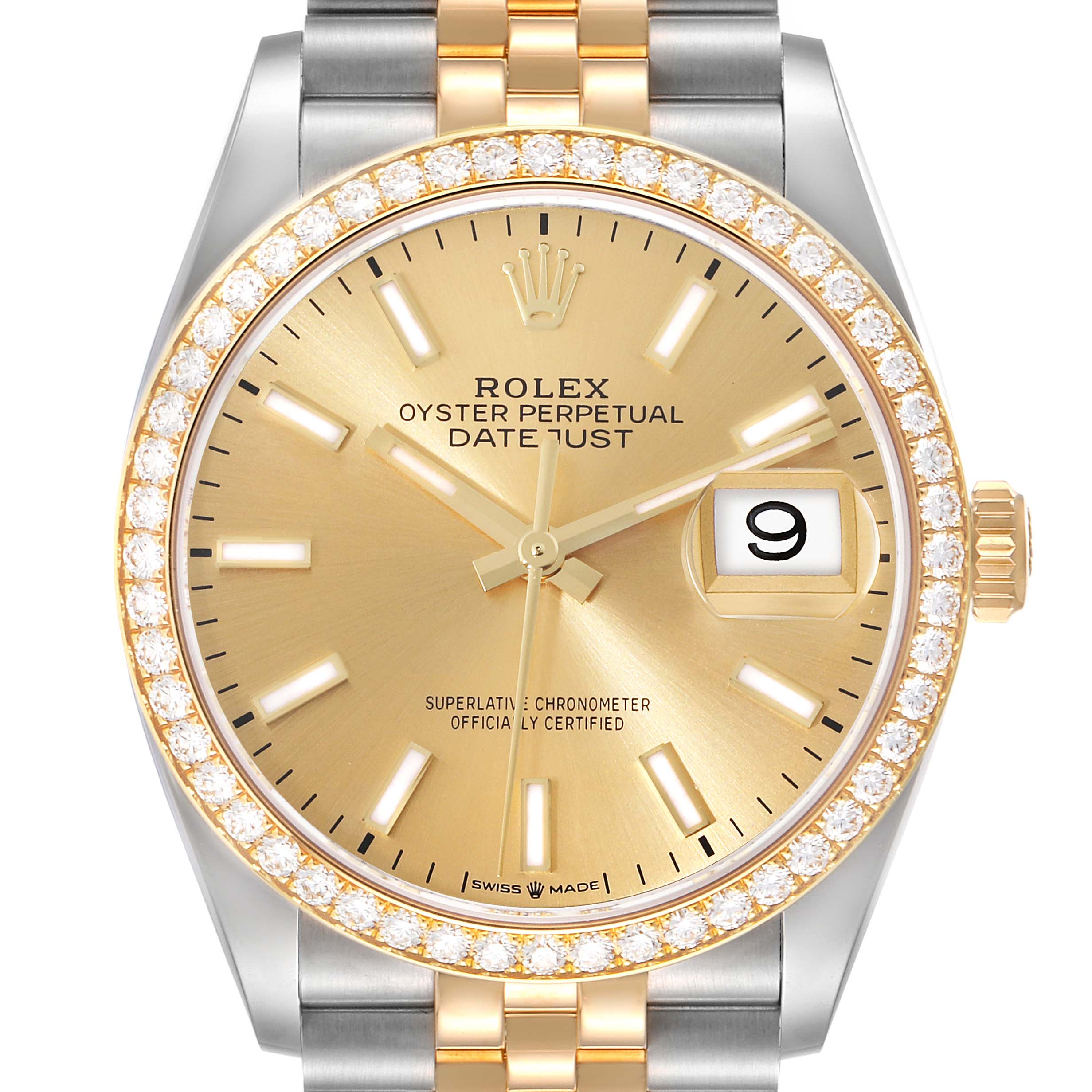 This image shows a front view of a Rolex Datejust 126283 Men's Steel and Gold (two tone) Champagne Dial 126283 Men's Steel and Gold (two tone) Champagne Dial watch, highlighting the dial, bezel, hands, and part of the bracelet.