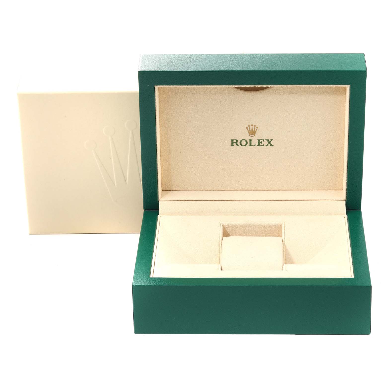 This image shows an open green and beige box for the Rolex Datejust 126283 Men's Steel and Gold (two tone) Champagne Dial 126283 Men's Steel and Gold (two tone) Champagne Dial model, displaying the interior and the logo.