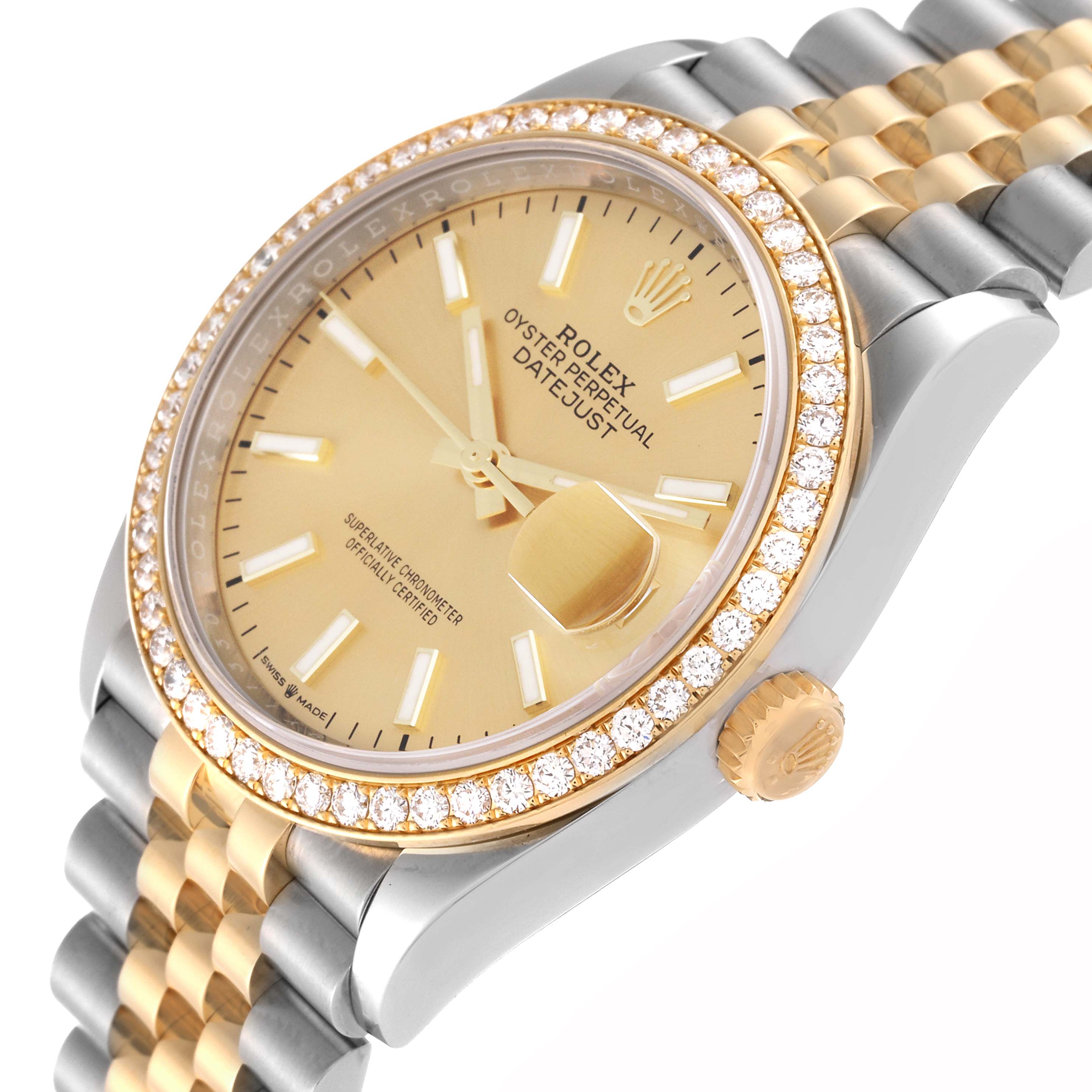 The image shows a Rolex Datejust 126283 Men's Steel and Gold (two tone) Champagne Dial 126283 Men's Steel and Gold (two tone) Champagne Dial watch at an angled view, highlighting the dial, bezel, crown, and part of its two-tone bracelet.
