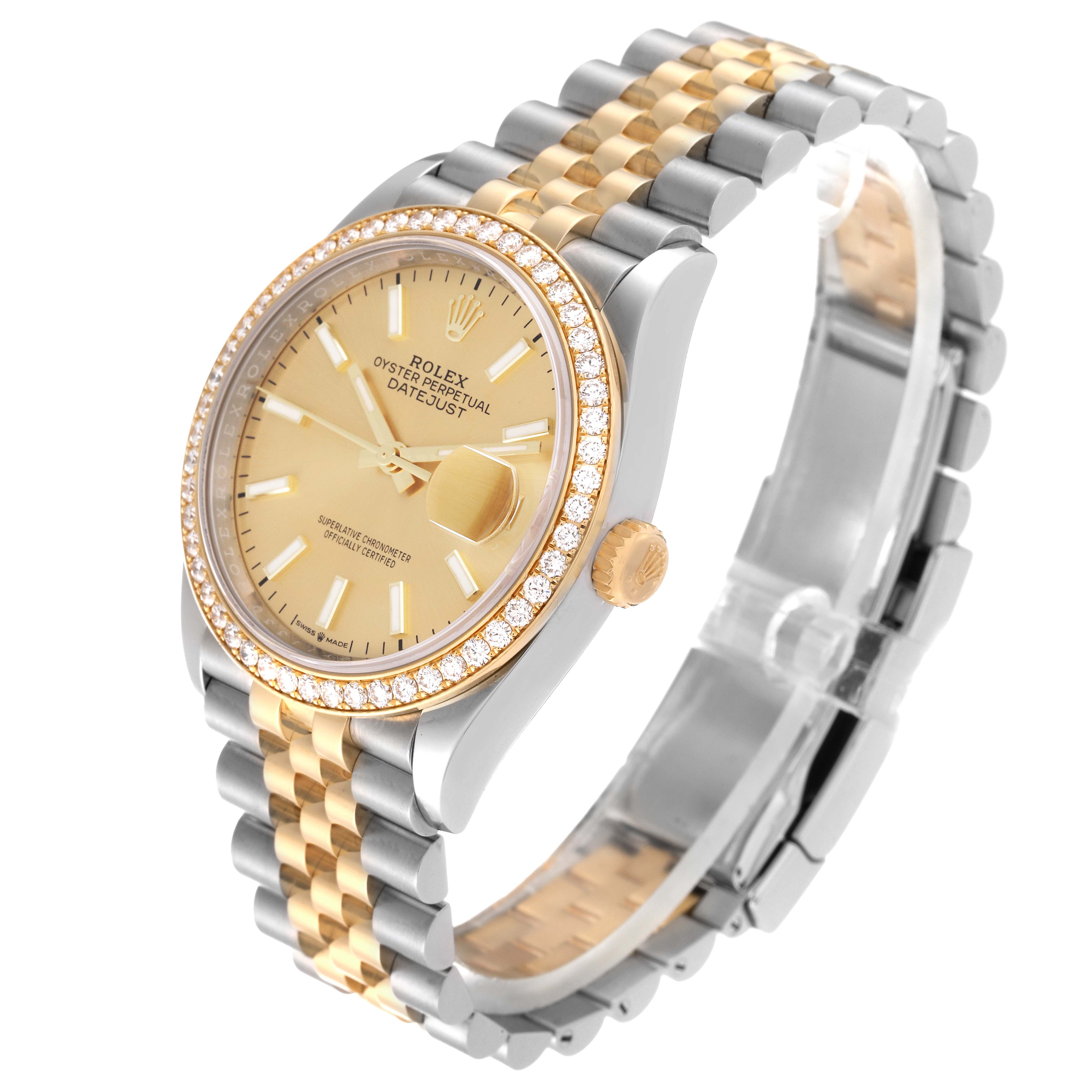 This image shows a side angle of the Rolex Datejust 126283 Men's Steel and Gold (two tone) Champagne Dial 126283 Men's Steel and Gold (two tone) Champagne Dial watch, featuring its gold dial, two-tone bracelet, and a diamond bezel.