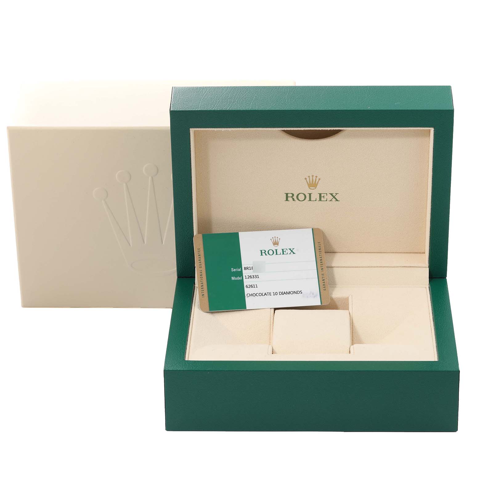 This image shows an open green and beige Rolex Datejust 41 126331 Men
s Steel and Gold (two tone) Brown Dial 126331 Men
s Steel and Gold (two tone) Brown Dial box with a card displaying model and serial information.