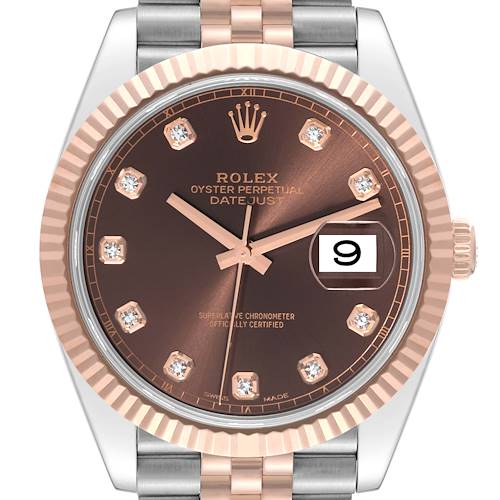 This image shows a front view of the Rolex Datejust 41, highlighting its fluted bezel, brown diamond dial, and date window.