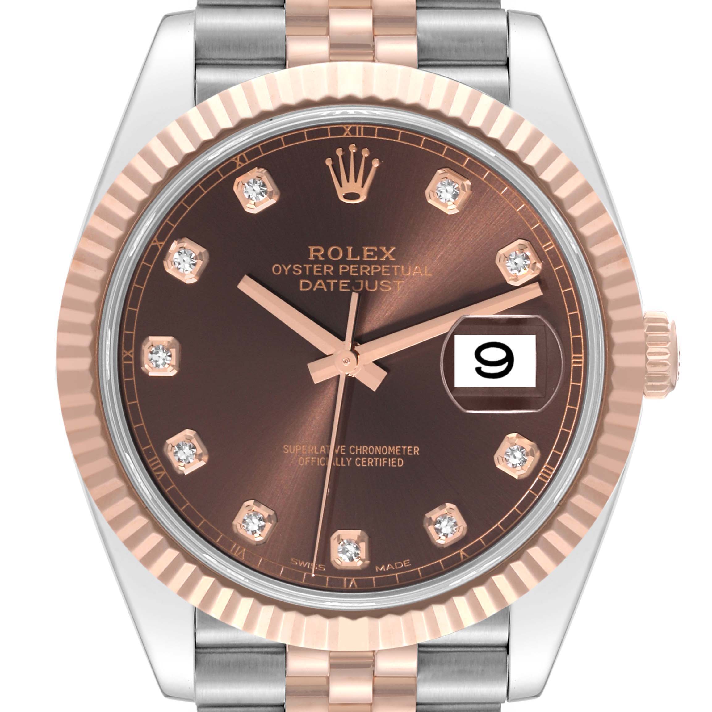 This image shows a front view of the Rolex Datejust 41 126331 Men
s Steel and Gold (two tone) Brown Dial 126331 Men
s Steel and Gold (two tone) Brown Dial watch, highlighting its brown dial, diamond hour markers, date display, and bi-metal bracelet.