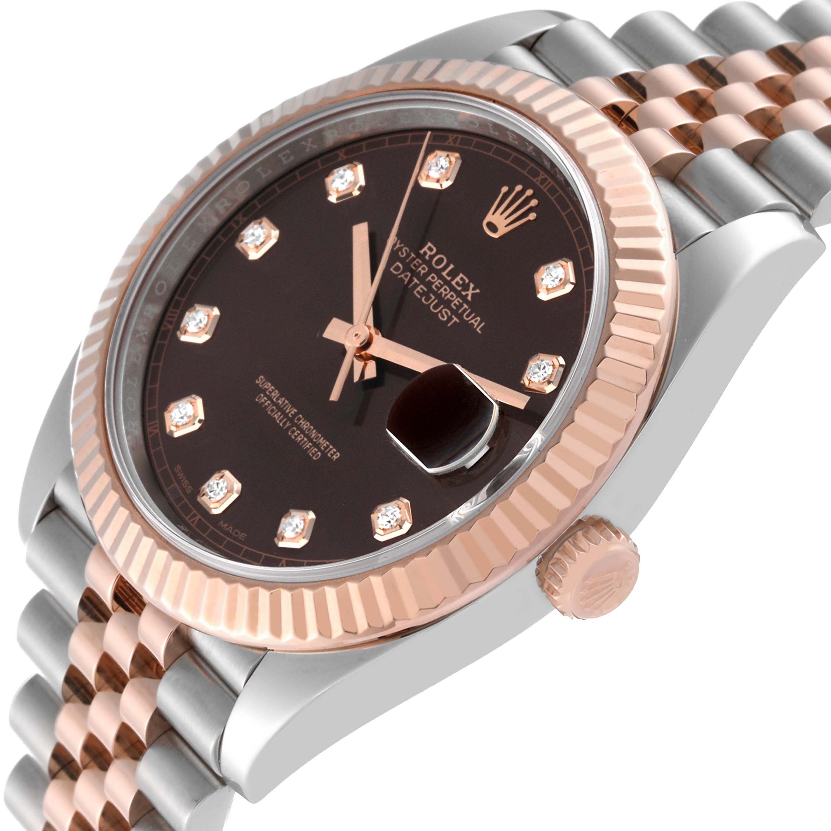 The image shows a Rolex Datejust 41 126331 Men
s Steel and Gold (two tone) Brown Dial 126331 Men
s Steel and Gold (two tone) Brown Dial watch at an angle highlighting the dial, fluted bezel, crown, and part of the Jubilee bracelet.