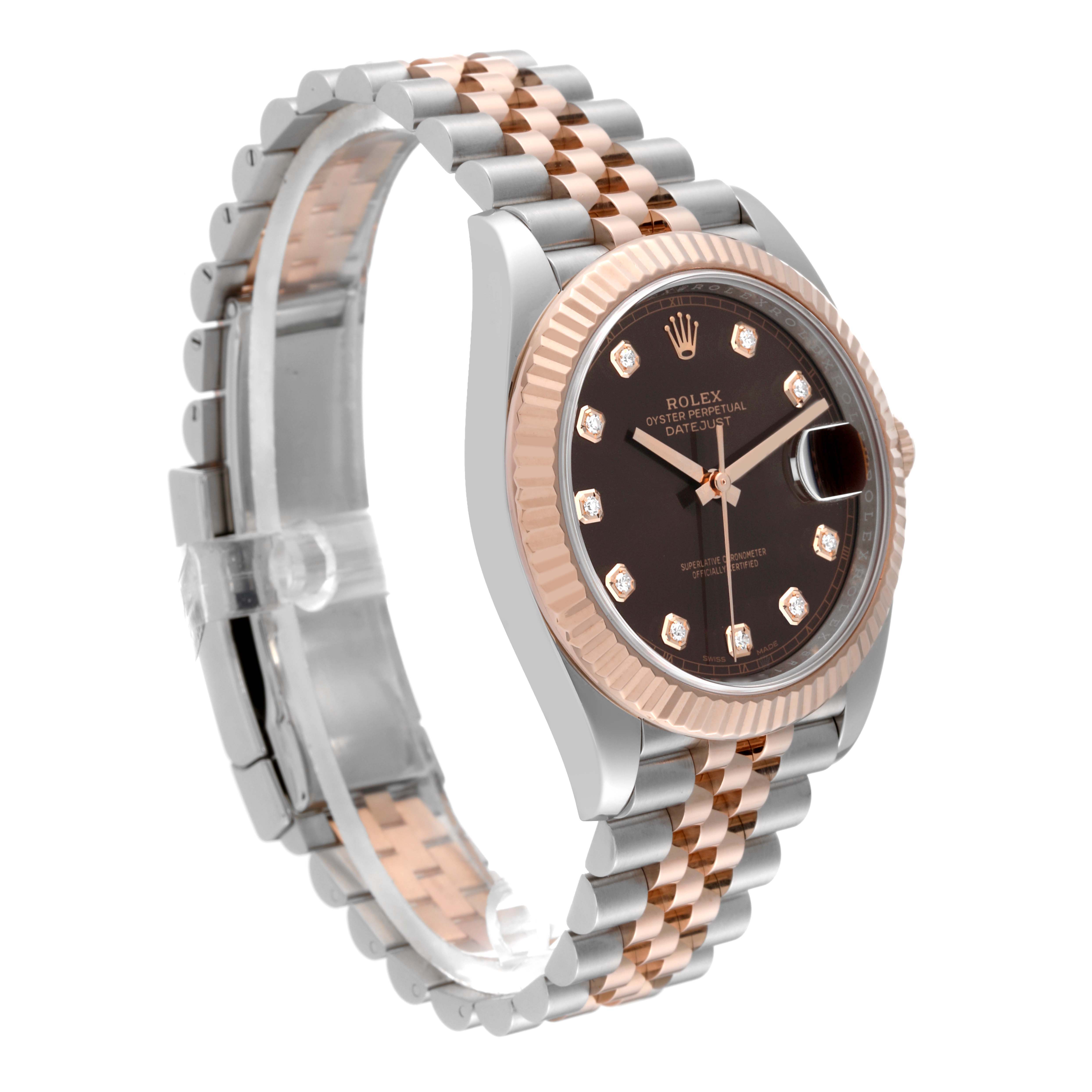 This image shows the Rolex Datejust 41 126331 Men
s Steel and Gold (two tone) Brown Dial 126331 Men
s Steel and Gold (two tone) Brown Dial model at a three-quarter angle, highlighting its bracelet, bezel, and dial.