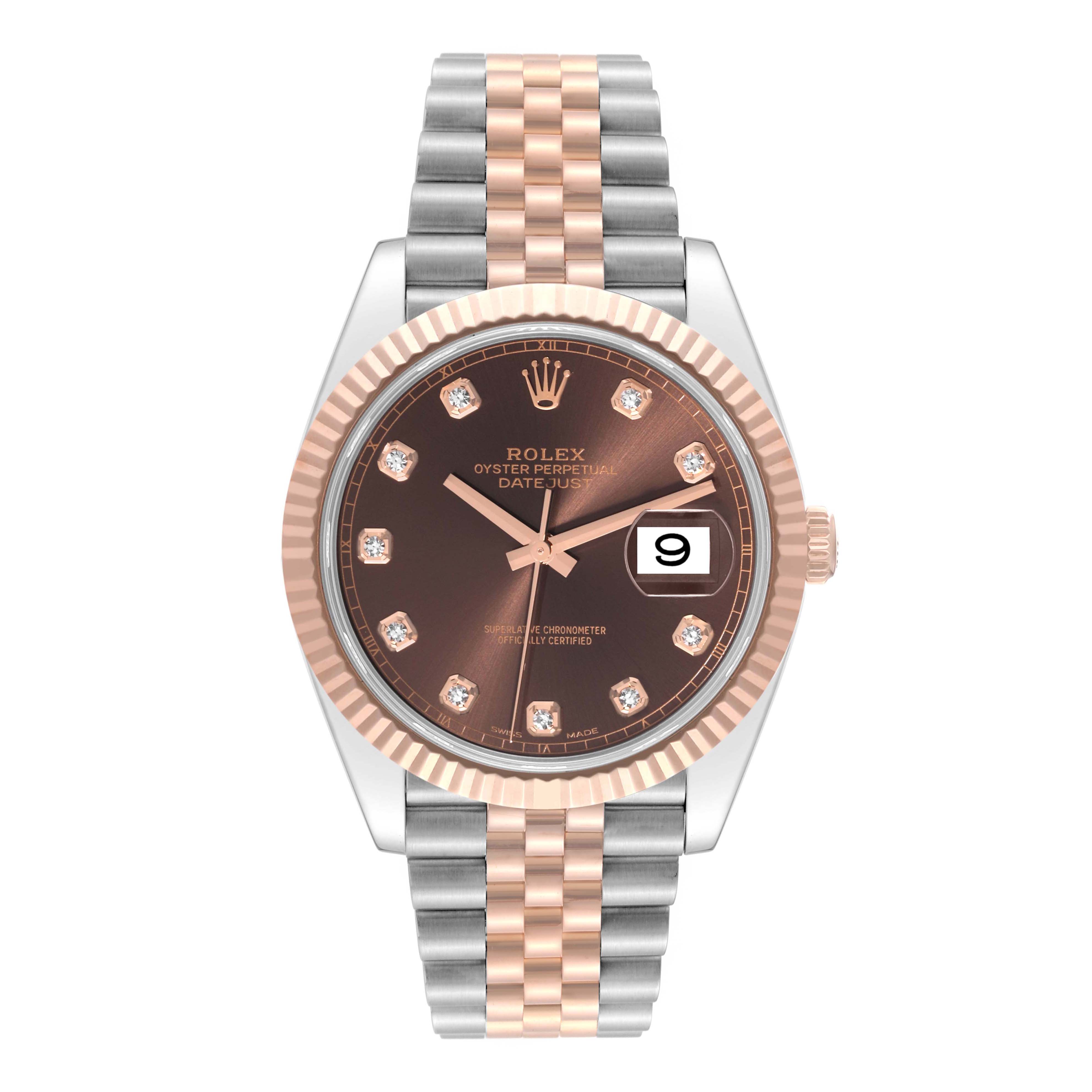This image shows a front view of the Rolex Datejust 41 126331 Men
s Steel and Gold (two tone) Brown Dial 126331 Men
s Steel and Gold (two tone) Brown Dial watch, highlighting its dial, bezel, and two-tone bracelet.