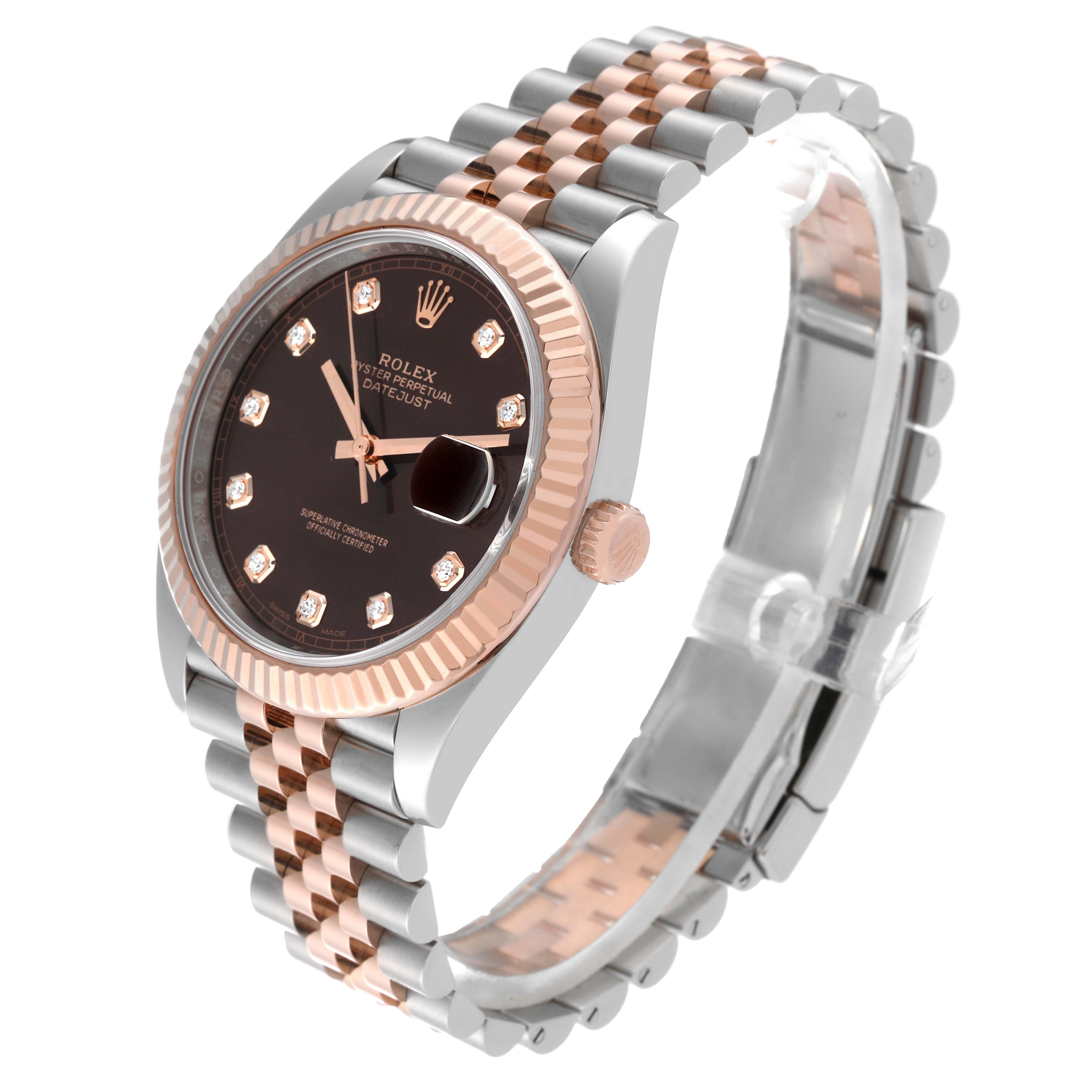 This image shows a Rolex Datejust 41 126331 Men
s Steel and Gold (two tone) Brown Dial 126331 Men
s Steel and Gold (two tone) Brown Dial watch at a three-quarter angle, highlighting its dial, bezel, crown, and bracelet.