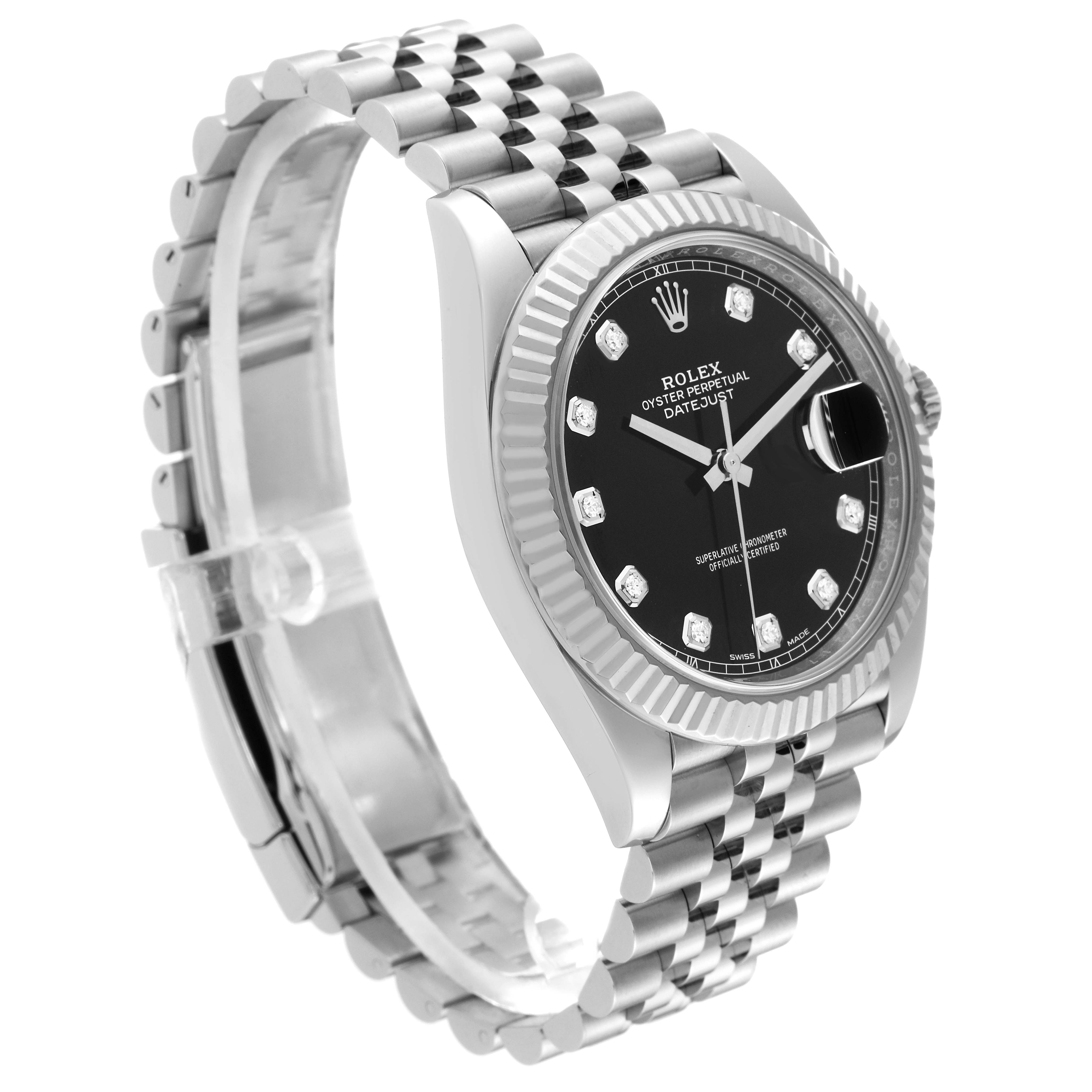 The image shows a three-quarter view of a Rolex Datejust 41 126334 Men
s Stainless Steel Black Dial 126334 Men
s Stainless Steel Black Dial watch, highlighting its black dial, fluted bezel, and jubilee bracelet.