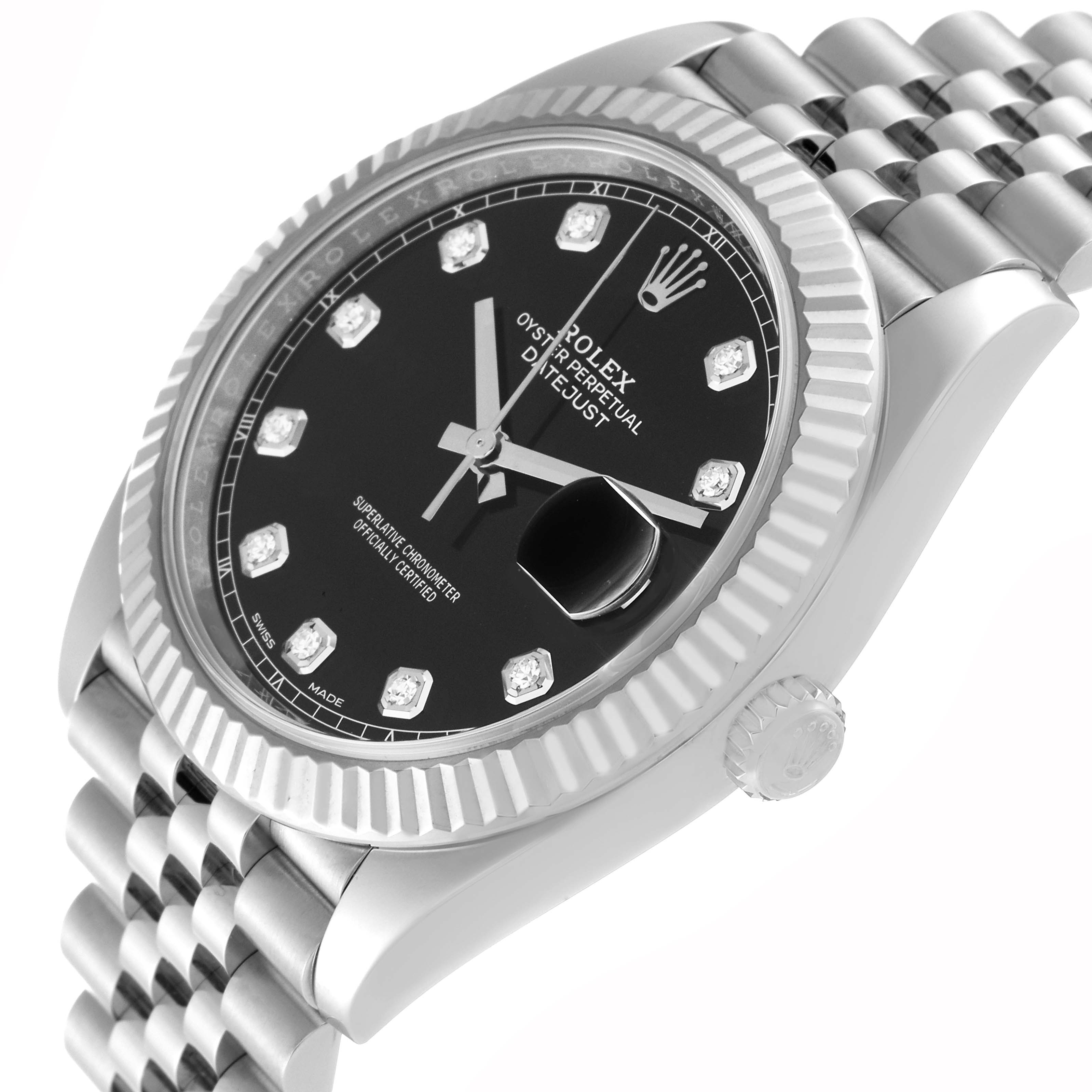 The Rolex Datejust 41 126334 Men
s Stainless Steel Black Dial 126334 Men
s Stainless Steel Black Dial watch is shown at an angled close-up, highlighting the dial, bezel, and part of the bracelet.