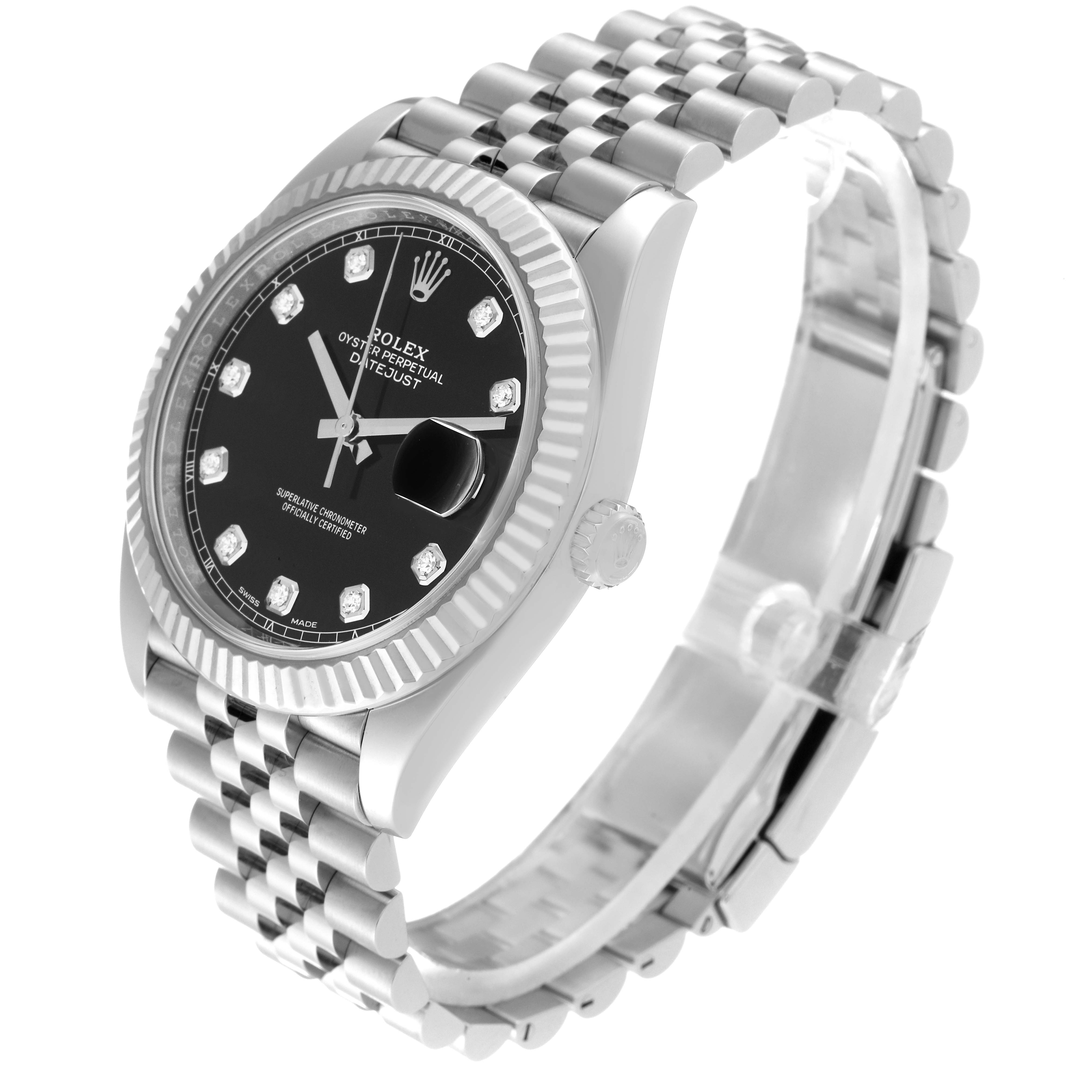 The Rolex Datejust 41 126334 Men
s Stainless Steel Black Dial 126334 Men
s Stainless Steel Black Dial model is shown at a three-quarter angle, highlighting its black dial, fluted bezel, and Jubilee bracelet.