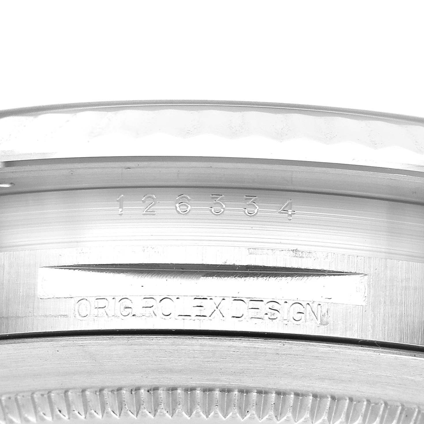 This image shows a close-up of the case side engraving on the Rolex Datejust 41 126334 Men
s Stainless Steel Black Dial 126334 Men
s Stainless Steel Black Dial model.
