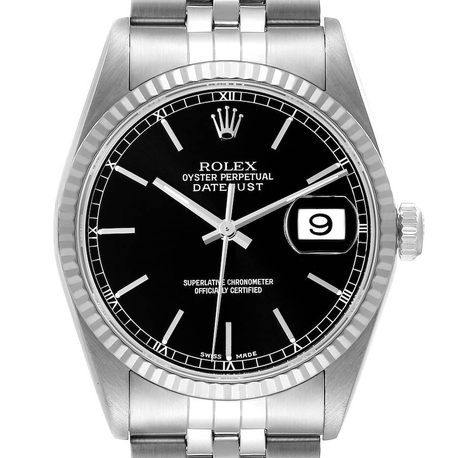 Rolex Datejust Black Dial Steel White Gold Mens Watch 16234 SwissWatchExpo