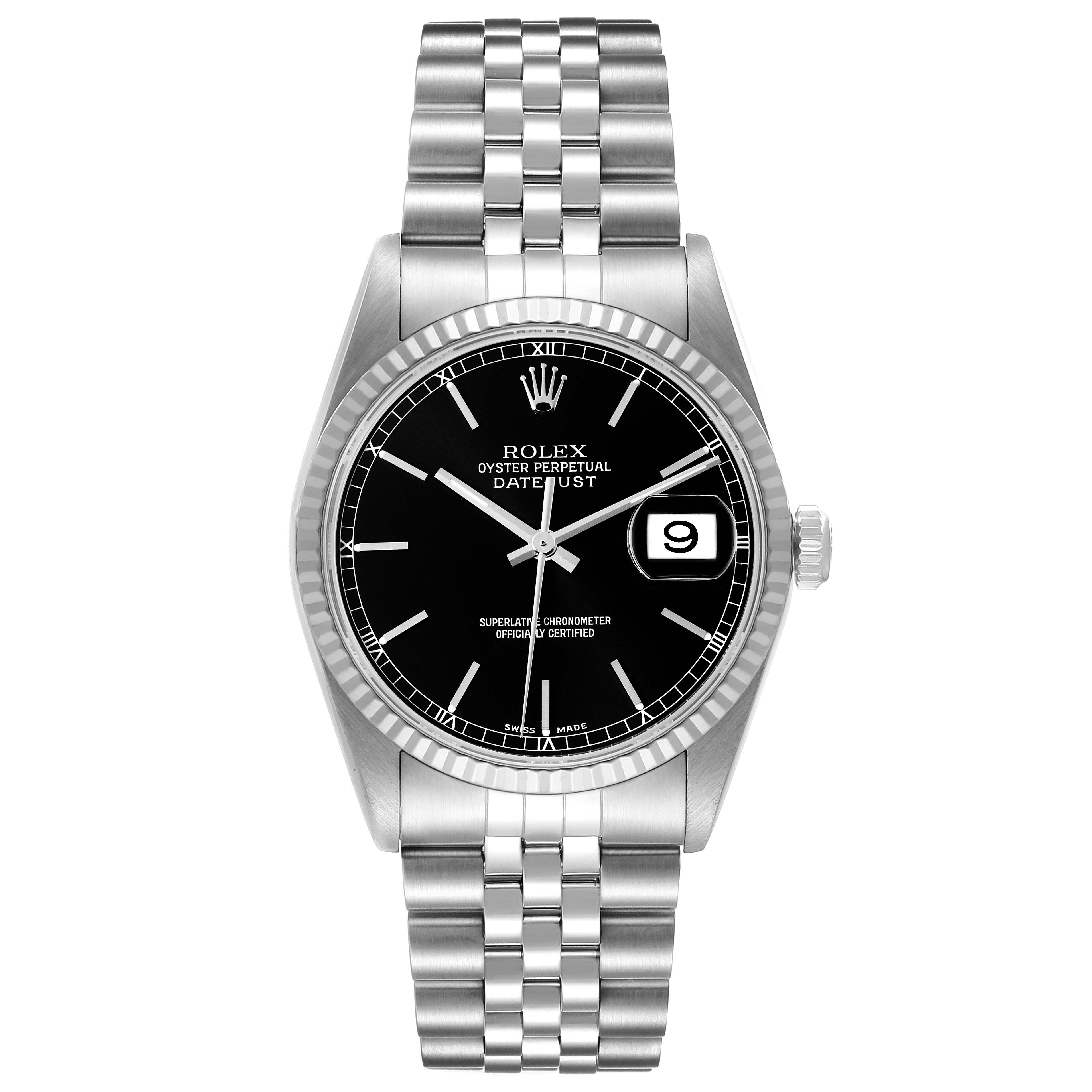 The image shows a front view of a Rolex Datejust 16234 Men's Stainless Steel Black Dial 16234 Men's Stainless Steel Black Dial watch, including the dial, bezel, crown, and stainless steel bracelet.