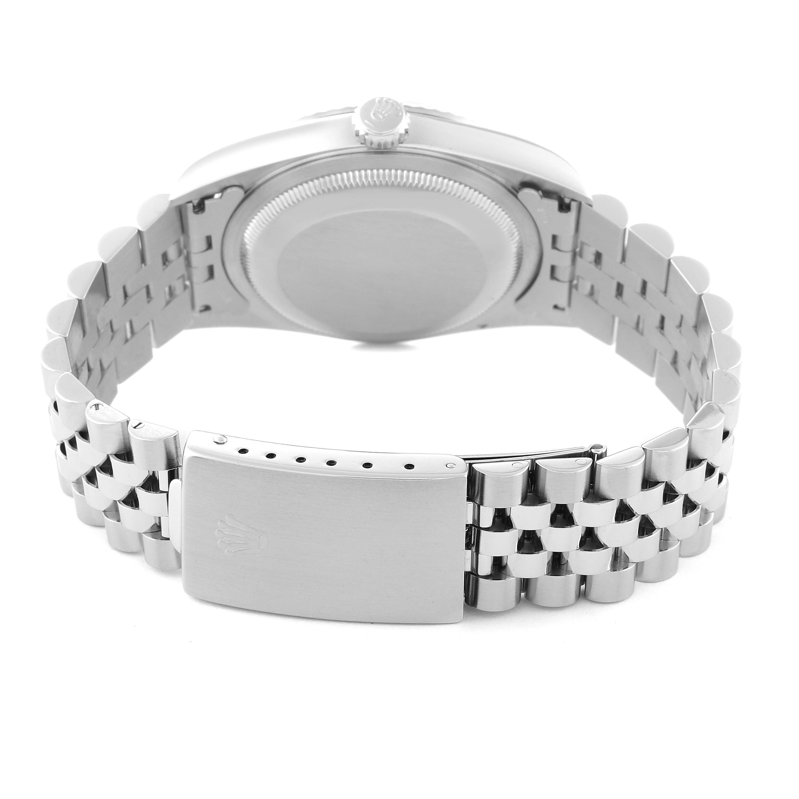 This image shows the back view of a Rolex Datejust 16234 Men's Stainless Steel Black Dial 16234 Men's Stainless Steel Black Dial watch, focusing on its case back, crown, and Jubilee bracelet with clasp.