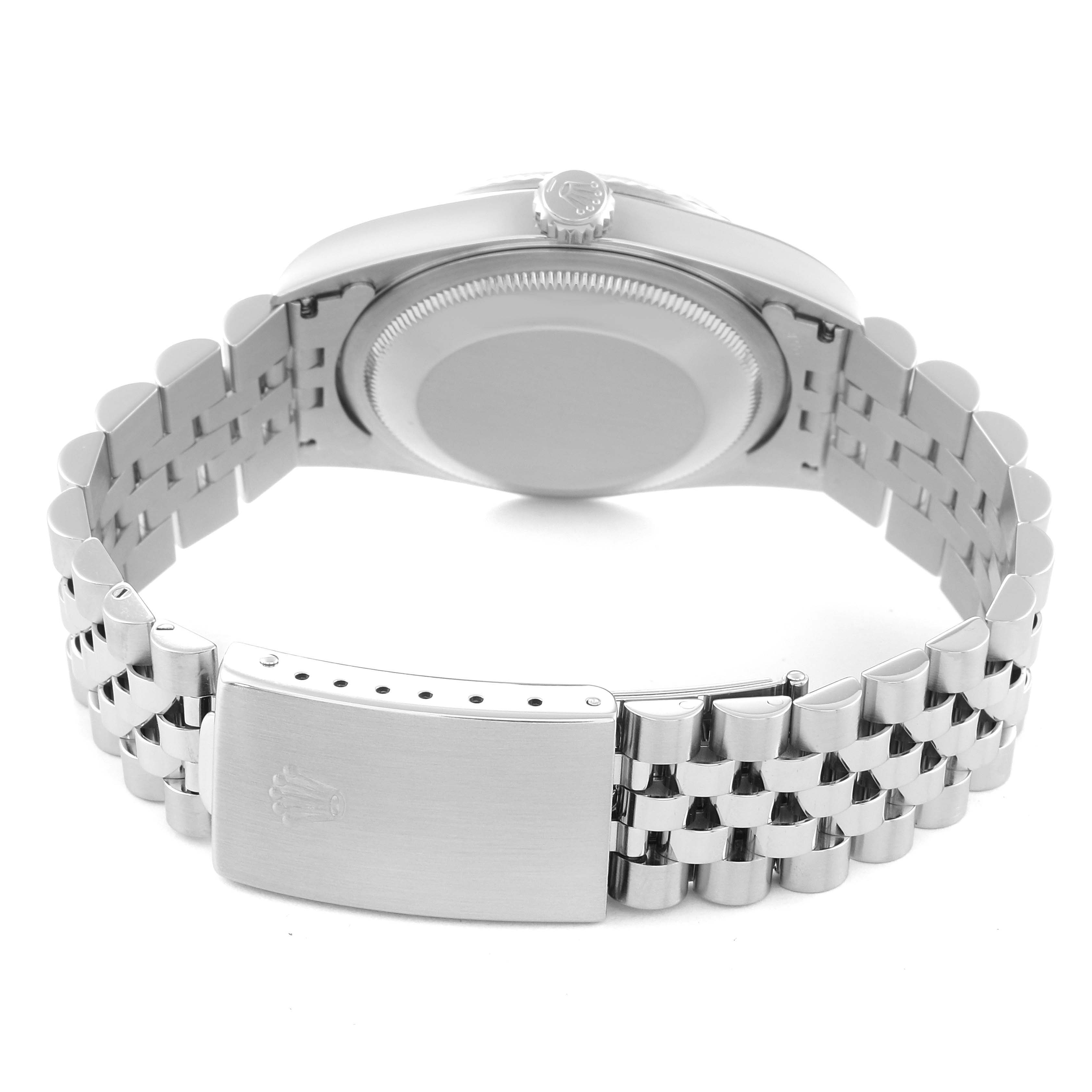 The image shows the back and bracelet of a Rolex Datejust 16234 Men's Stainless Steel Blue Dial watch, highlighting the clasp and caseback.