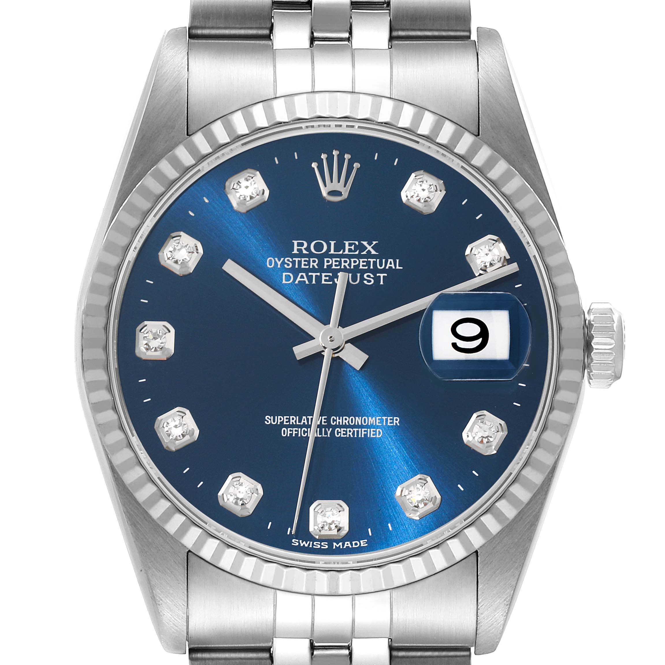 The Rolex Datejust 16234 Men's Stainless Steel Blue Dial is shown from a frontal angle, highlighting the blue dial, diamond hour markers, and fluted bezel.