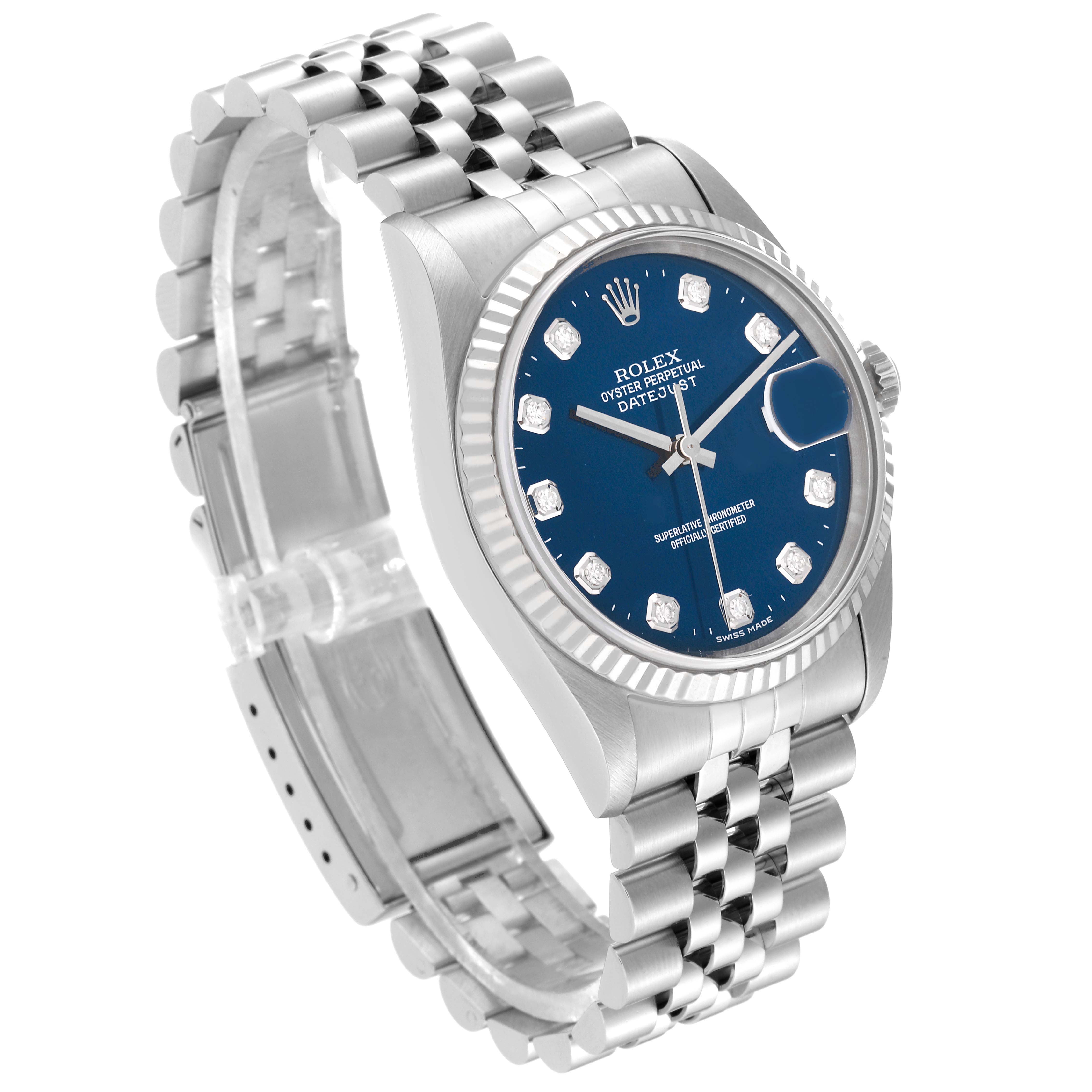 The Rolex Datejust 16234 Men's Stainless Steel Blue Dial watch is shown at a side angle, highlighting the blue dial, fluted bezel, and Jubilee bracelet.
