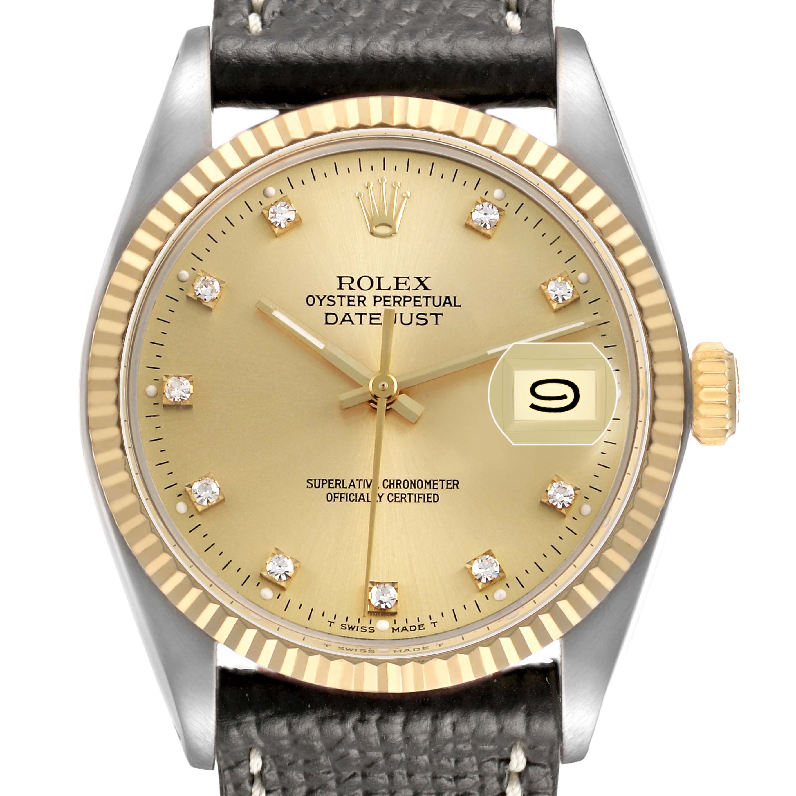 The Rolex Datejust 16013 Men's Steel and Gold (two tone) Champagne Dial watch is shown from the front, displaying the dial, bezel, hands, date, and part of the strap.