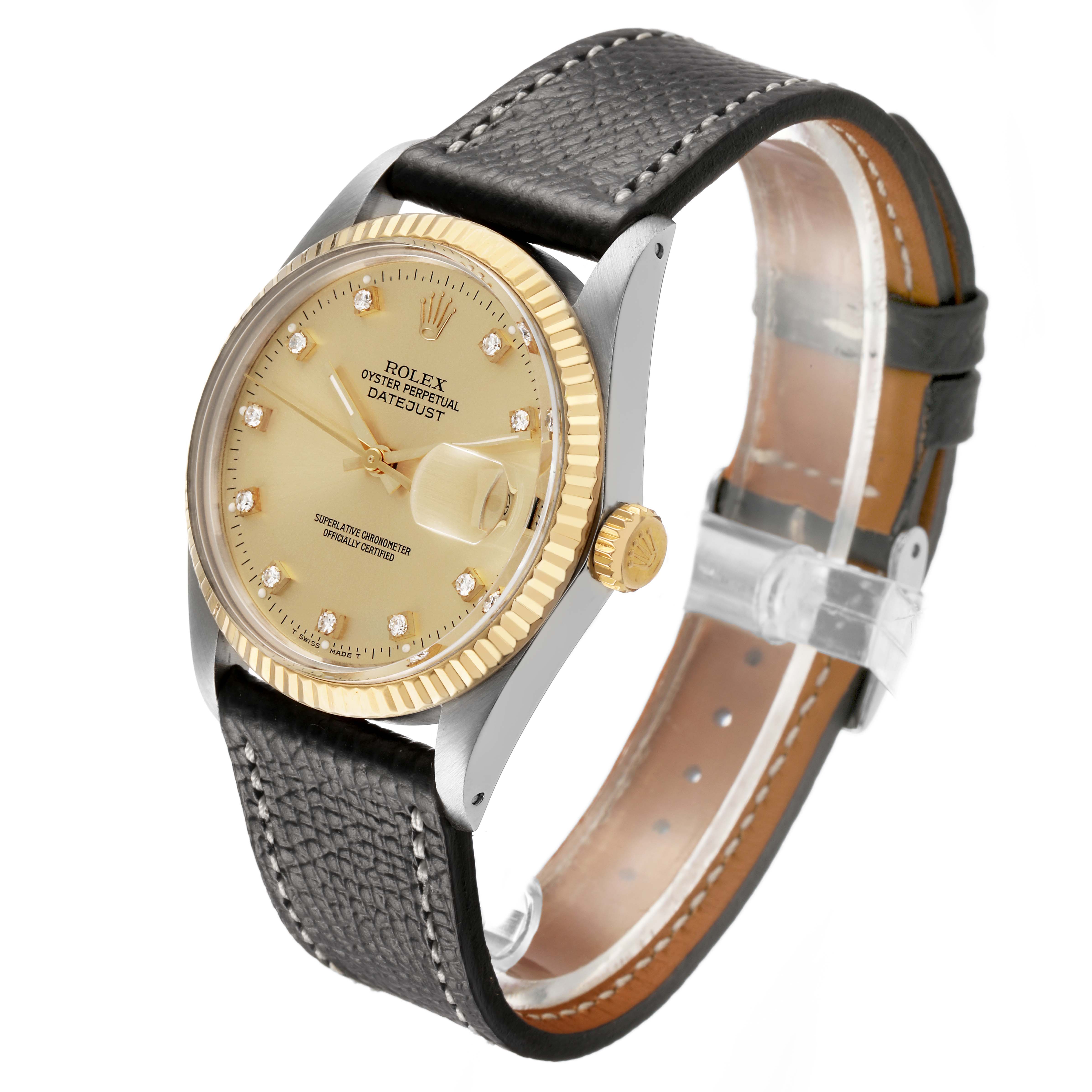 The Rolex Datejust 16013 Men's Steel and Gold (two tone) Champagne Dial watch is shown at a three-quarter angle, highlighting the gold bezel, face, and leather strap.