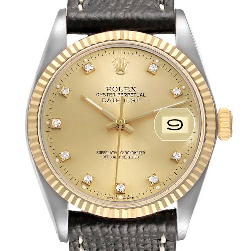 The Rolex Datejust 16013 Men's Steel and Gold (two tone) Champagne Dial watch is shown from a front angle, displaying the face, bezel, and strap attachment.