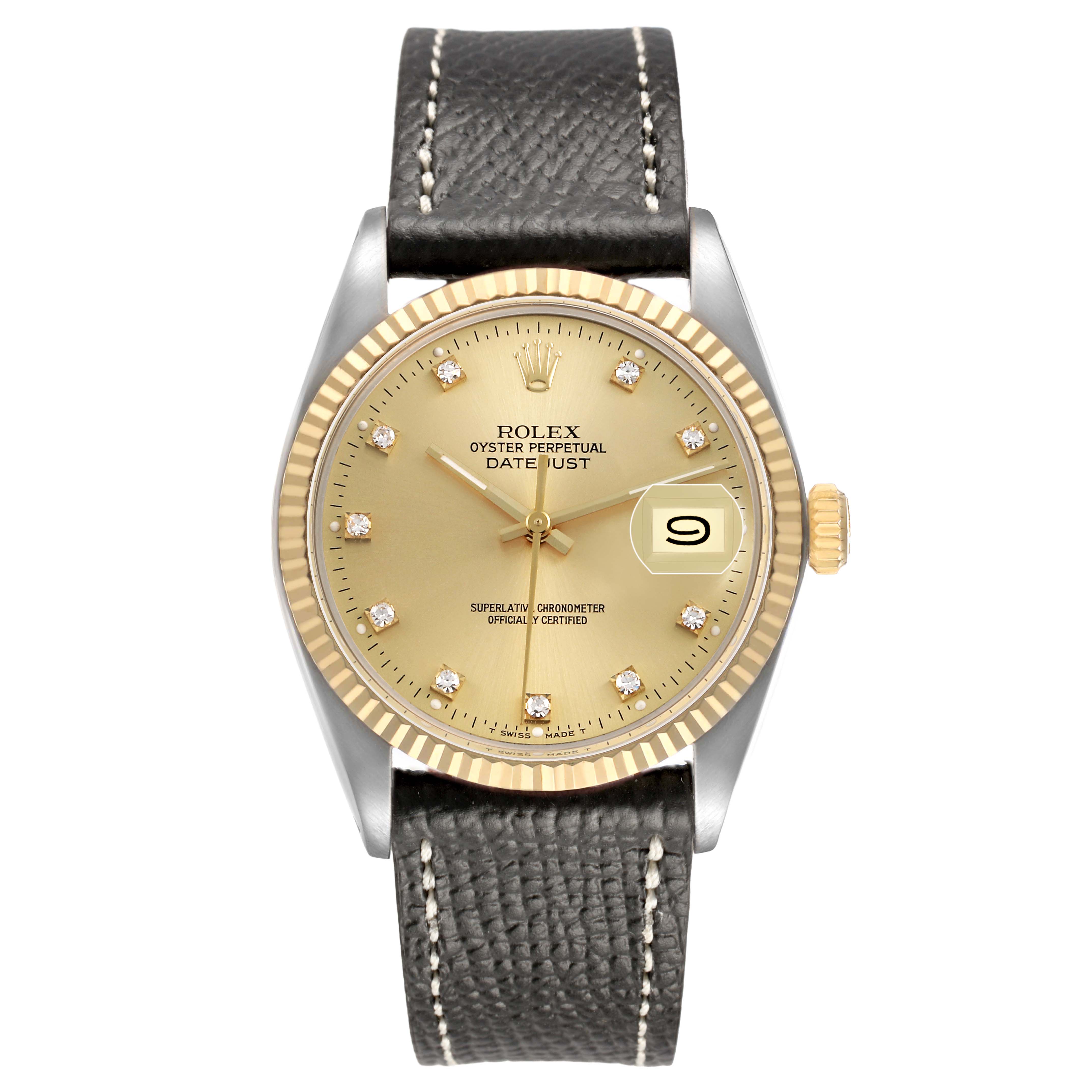 The image shows a Rolex Datejust 16013 Men's Steel and Gold (two tone) Champagne Dial watch from a front angle, featuring the dial, bezel, crown, and leather strap.