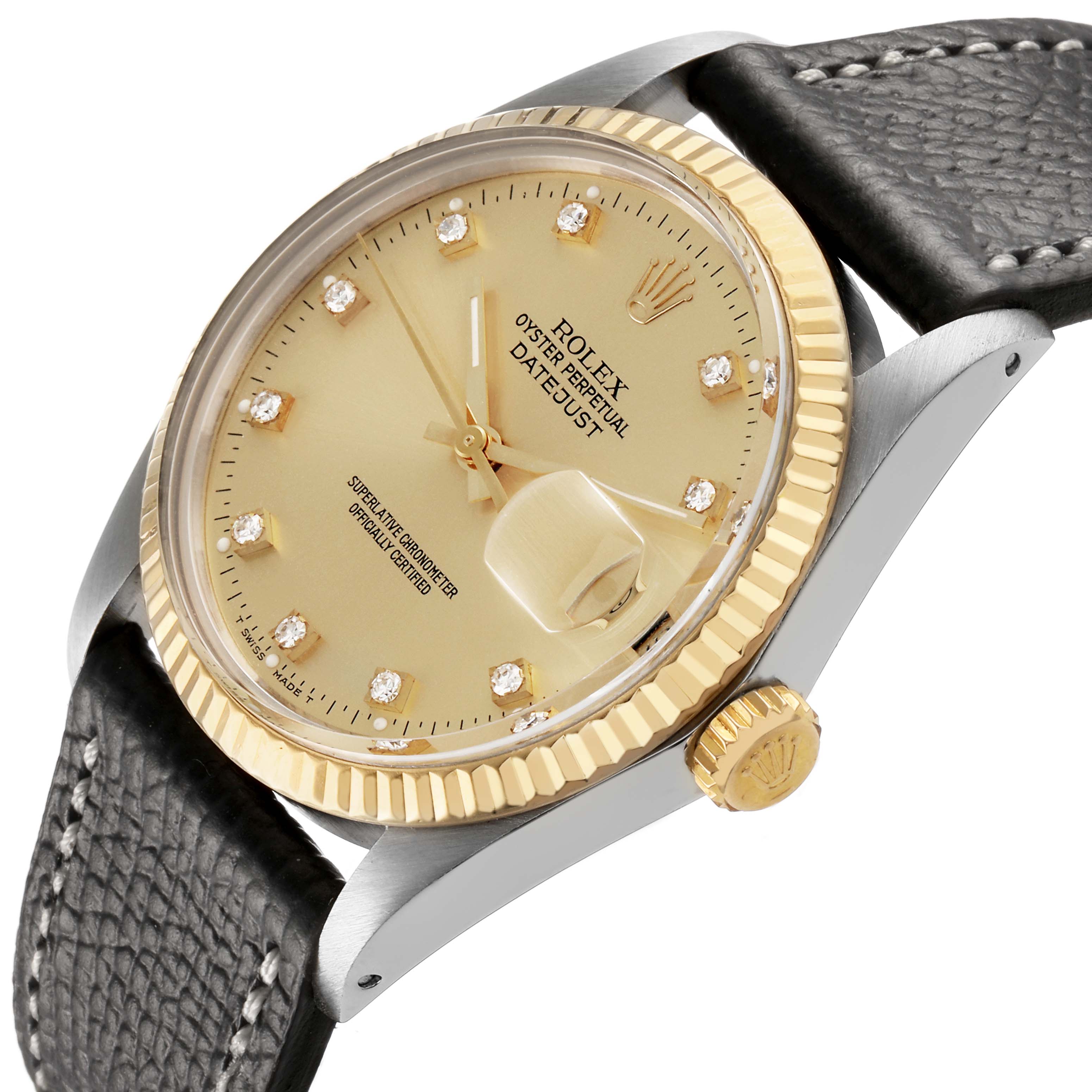 The Rolex Datejust 16013 Men's Steel and Gold (two tone) Champagne Dial watch is shown at an angled side view, highlighting its gold bezel, crown, face, and leather strap.